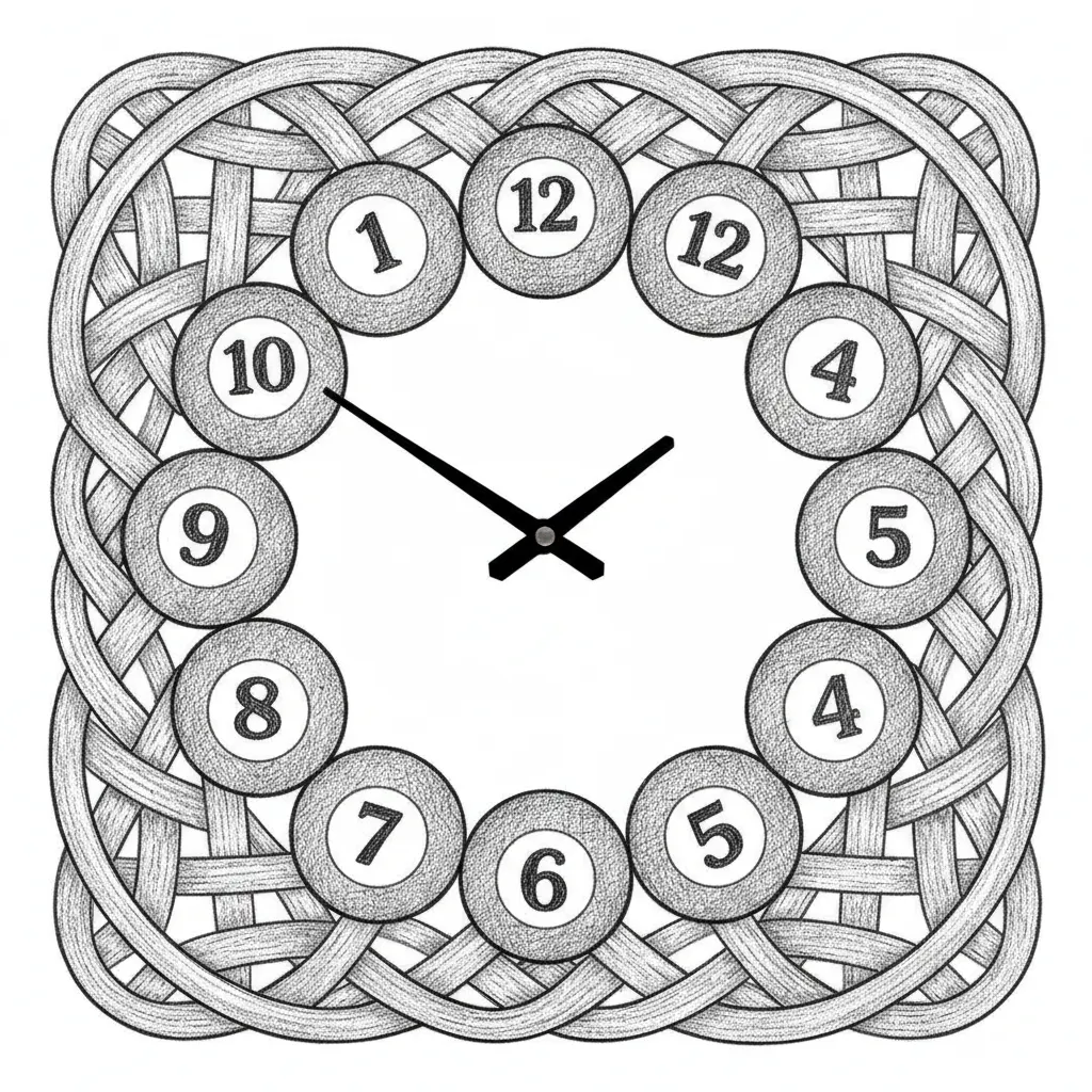 crea un orologio da parete usando le palle da biliardo per indicare i numeri, crea una trama intrecciata come ornamento sul bordo esterno