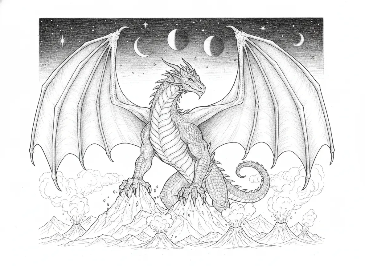 crea un drago, maestoso, immenso, talmente grande da sgretolare le cime delle montagne con le zampe poderose
si erge maestoso con le ali spiegate e la testa fiera alta ad ammirare i suoi possedimenti
ai suoi piedi dei vulcani in eruzione sembrano minuscoli mucchietti di sabbia
nel cielo notturno impreziosito da infinite stelle luminose, tre lune in fasi distinte
crea l'immagine con tratto netto, alta definizione senza sfumature, ottimizzato per la riproduzione tramite incisore laser
