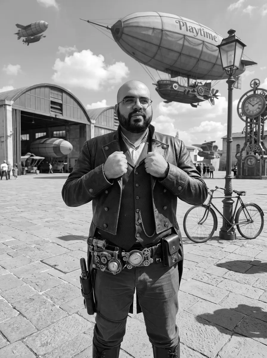 modifica immagine:
crea una ambientazione steampunk all'aperto in una giornata soleggiata in  una grande piazza con il pavimento in pietra sullo sfondo degli hangar e un dirigibile in stile steampunk con la scritta "Playtime". delle nuvole e in lontananza veicoli volanti .
 vesti l'uomo con giacca, gilet, pantaloni e stivali in stile vittoriano e un cinturone pieno di meccanismi e accessori steampunk.
la posa, pugni stretti sul bordo della giacca, e un espressione orgogliosa sul volto
aggiungi anche una bicicletta appoggiata al palo di una lanterna a gas.