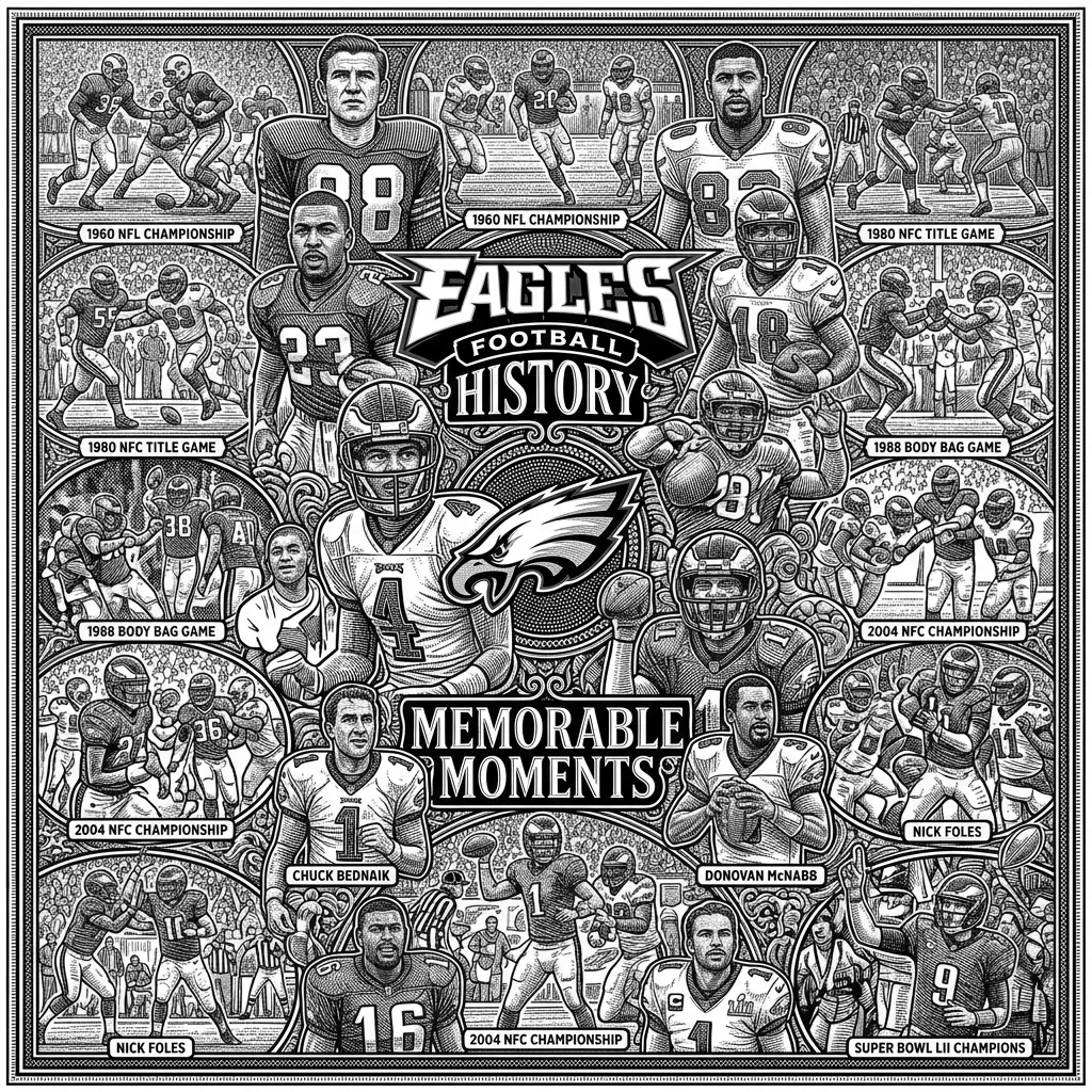 make it look like very real and detailed photo 4 inch x 4 inch of a eagles foot ball poster  with diffrent pictures of most famous games through all the years
