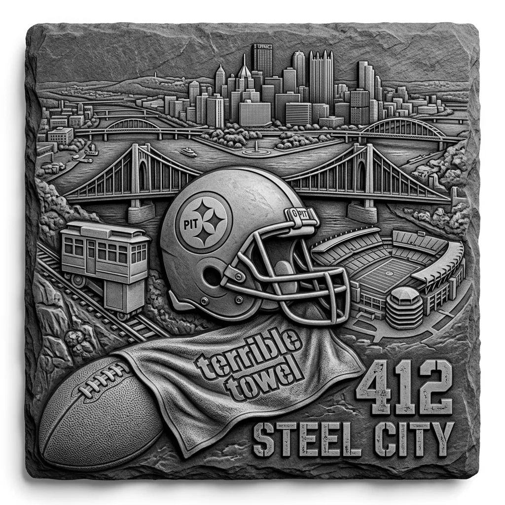 make a very unique 3.5 x 3.5 square slate coaster that is realistic with famous pictures from around the city for Pittsburgh Steelers, an all about football and the city