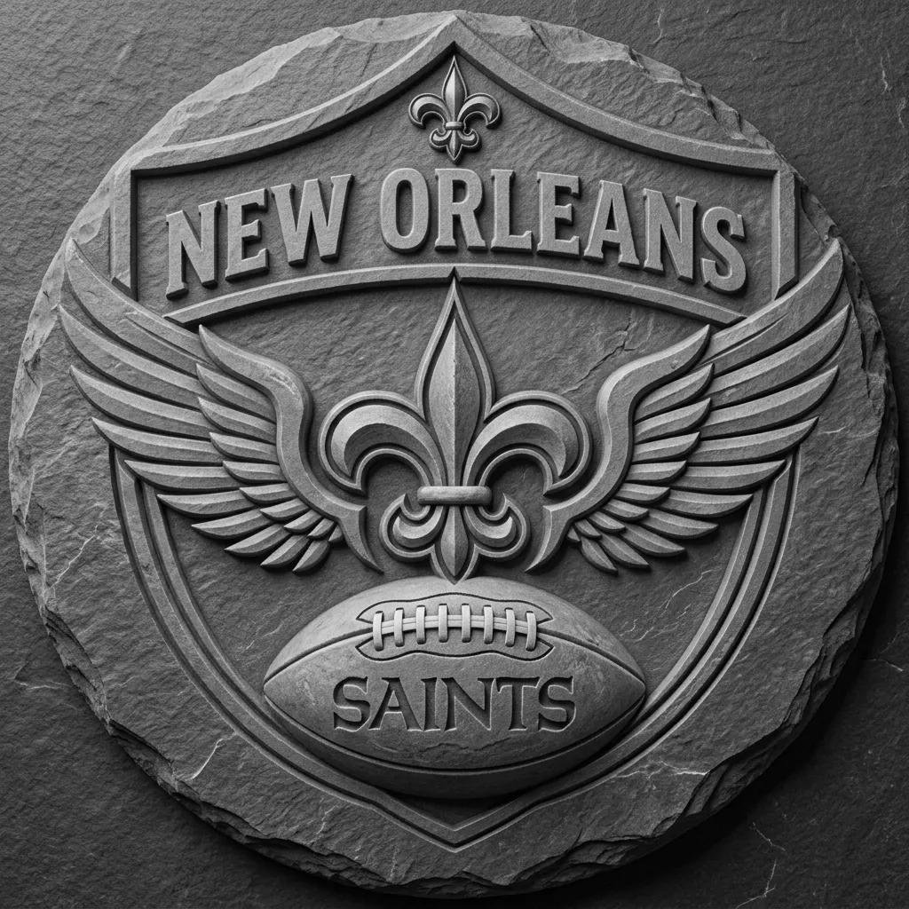 A highly detailed, three-dimensional rendering of the New Orleans Saints logo, presented as a stylized crest or shield. The main body of the logo is a deep, matte charcoal grey, almost black, with a subtle textured finish. Across the top, the word "NEW ORLEANS" is prominently displayed in a bold, slightly distressed white sans-serif font, curved upwards, with a raised metallic gold outline and subtle gold highlights. A small, raised metallic gold fleur-de-lis sits centered just above "NEW ORLEANS". In the center of the logo, a larger, raised metallic gold fleur-de-lis is featured, flanked by two symmetrical, raised metallic gold wings with distinct feather segments. Below the central fleur-de-lis is a stylized American football, rendered in matte white with visible white laces, bearing the word "SAINTS" in a smaller, bold white sans-serif font, also with a metallic gold outline. The entire logo has a significant three-dimensional depth, with beveled edges and raised elements that cast soft, subtle shadows. The background is a clean, uniform light grey, creating a studio product shot aesthetic. The composition is a centered, slightly elevated eye-level shot, showcasing the logo's dimensionality under soft, diffused studio lighting that creates gentle reflections on the metallic gold surfaces and minimal, soft shadows on the background. make for a round slate coaster