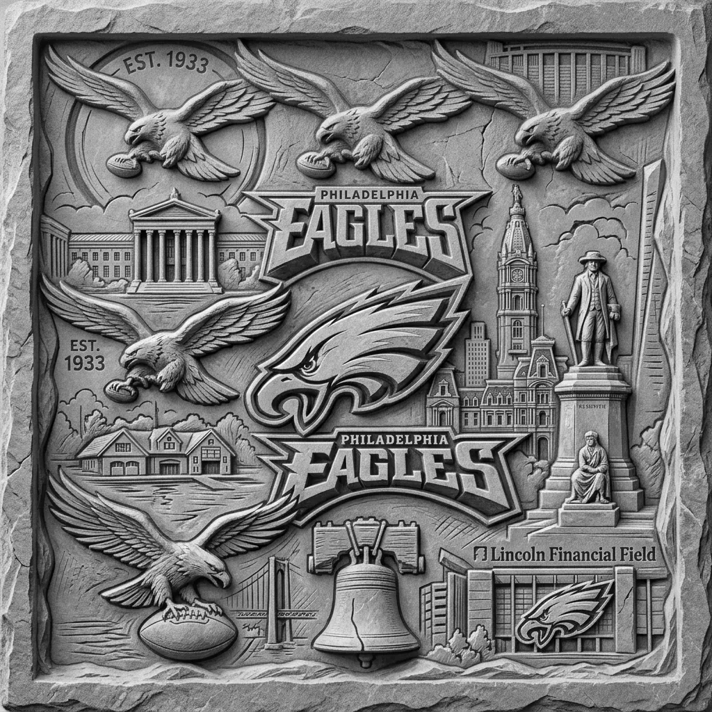 make a very unique 3.5 x 3.5 square slate coaster that is realistic pictures from around the city for Philadelphia Eagles football with eagles oldest to newest eagles logos