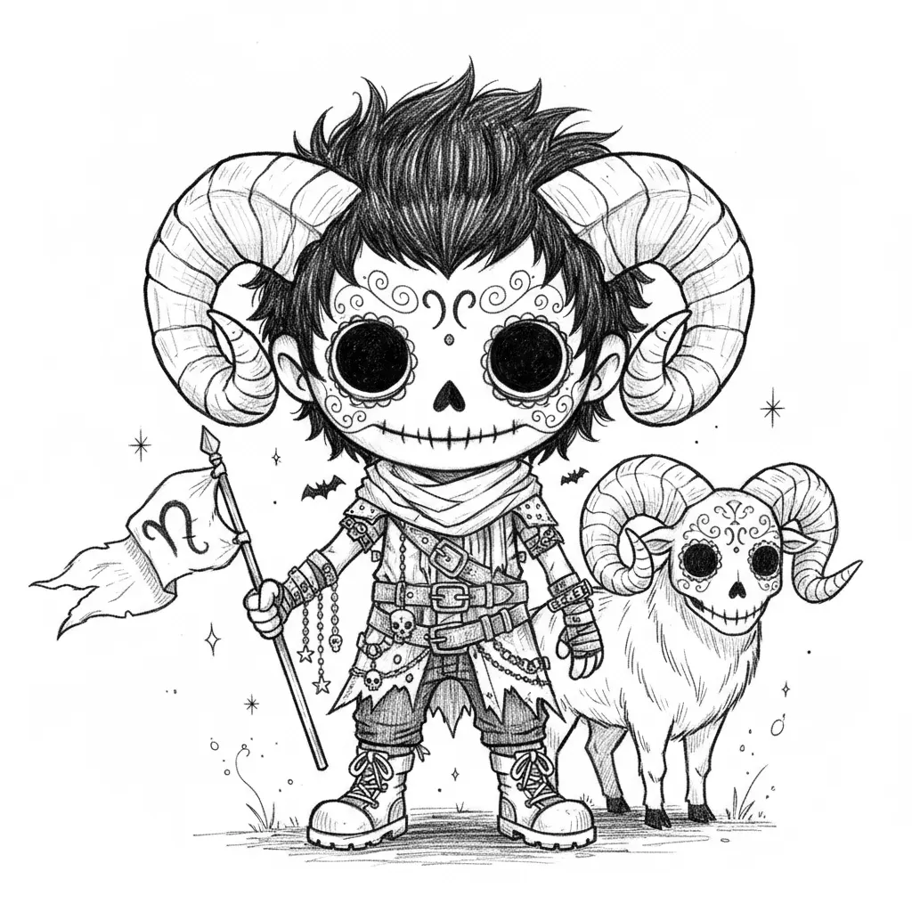 Create a full-body Aries zodiac character as a boy in a creepy-cute gothic chibi style. Give him an oversized head, a small body, and a sugar-skull inspired face with large hollow black eyes, a small dark nose cavity, a wide skeletal grin, and delicate ornamental face markings. Render everything in high-contrast black and white only, using detailed pen-and-ink linework, crosshatching, stippling, and scratchy sketch textures. Give him messy, wild hair and large ram horns curling out from his head. Place the Aries zodiac symbol clearly on his forehead and again on a tattered banner or flag. Dress him in layered gothic adventurer clothing with torn fabric, a scarf or cowl, belts, buckles, chains, charms, wraps, and rugged boots. Include a ram companion beside him, styled to match the same eerie-cute gothic ink look. Add a few subtle atmospheric details like tiny bats, scattered stars, light ink splatters, or bits of ground texture, but keep the background mostly clean white. Make the composition centered, bold, highly detailed, and consistent with a collectible dark fantasy zodiac series.