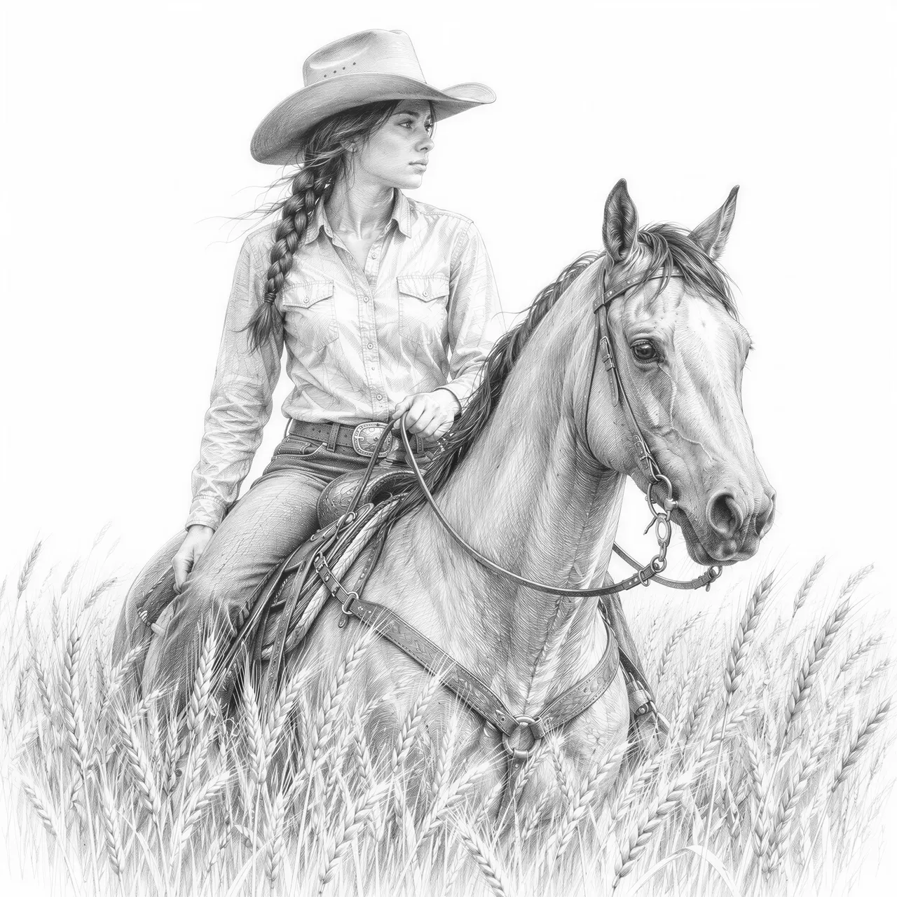 a young woman with her hair in a braid, she is wearing a cowboy hat riding a horse through a wheat filed