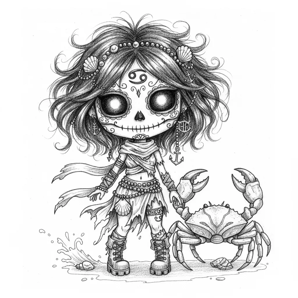 Create a full-body Cancer zodiac character as a girl in a creepy-cute gothic chibi style. She should have an oversized head, a small body, and a sugar-skull inspired face with hollow black eyes, a small dark nose cavity, a wide skeletal grin, and ornamental facial filigree. Render the artwork in high-contrast black and white, using pen-and-ink linework, crosshatching, stippling, and fine scratchy details. Give her messy, windswept hair decorated with seashells, beads, or coastal charms. Place the Cancer zodiac symbol clearly on her forehead and again on a weathered flag, charm, or shell ornament. Dress her in layered gothic coastal clothing with torn wraps, beads, belts, scarves, and rugged boots. Include a large crab companion beside her. Add subtle shoreline or tide-pool inspired details such as shells, bubbles, droplets, or a little splash texture at the base, but keep the background mostly white and clean. The illustration should feel detailed, eerie, elegant, and consistent with a gothic collectible zodiac line.