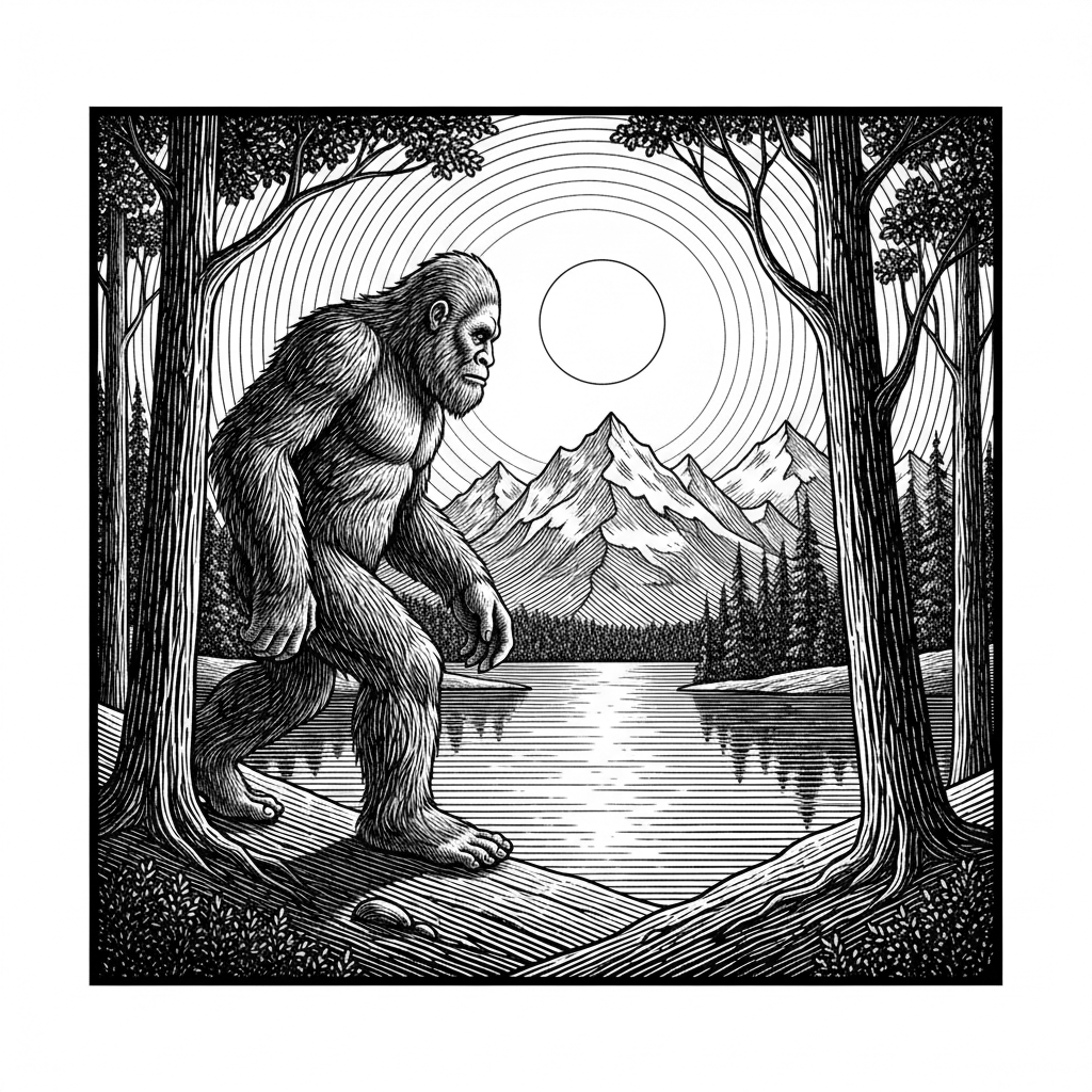 Add a Bigfoot theme walking up to a lake with the snow capped mountains in the distance and a full moon lighting the surroundingscoving this image