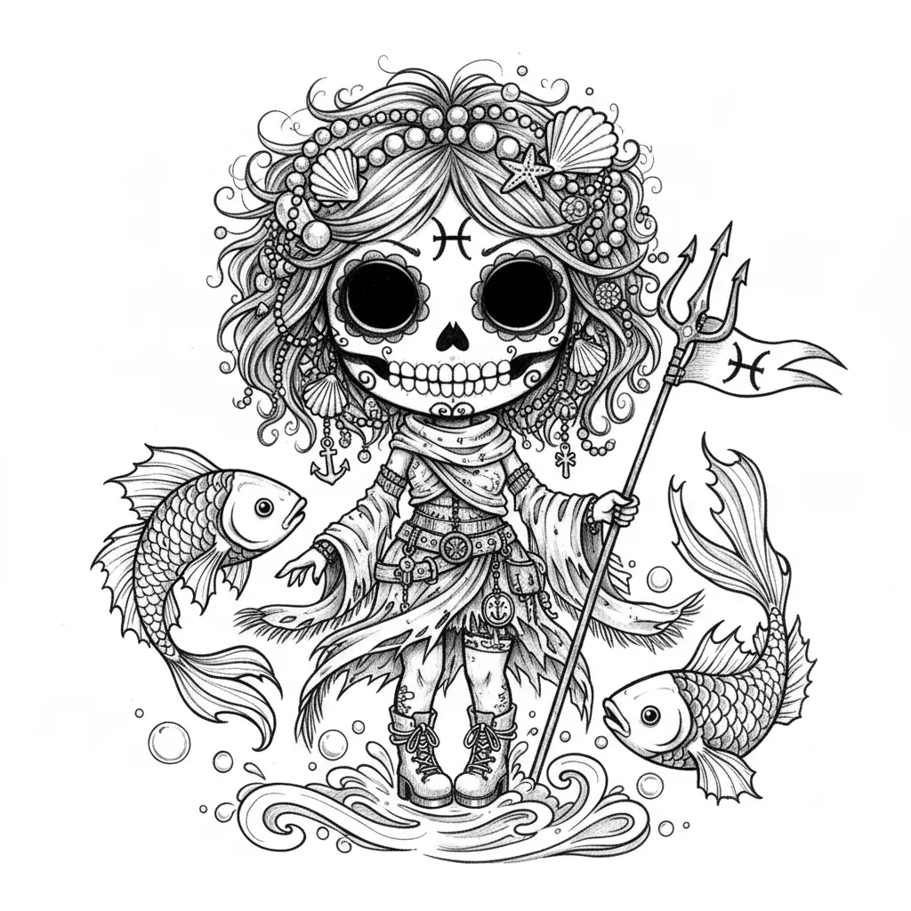 Create a full-body Pisces zodiac character as a girl in a creepy-cute gothic chibi style. She should have an oversized head, a small body, and a sugar-skull inspired face with large hollow black eyes, a small dark nose cavity, a broad skeletal grin, and delicate ornamental facial details. Render the illustration in high-contrast black and white only using pen-and-ink linework, crosshatching, stippling, and richly textured scratchy shading. Give her tousled hair decorated with shells, beads, pearls, or sea charms. Place the Pisces zodiac symbol clearly on her forehead and again on a banner, charm, or trident flag. Dress her in layered gothic sea-themed clothing with torn wraps, scarves, beads, belts, charms, and boots. Include two flowing fish companions circling around her, with elegant fins and fluid motion. Add bubbles, splashes, or subtle water swirls around the base while keeping the background mostly white and clean. Make the overall design centered, mystical, eerie, detailed, and fully consistent with the rest of the zodiac line.