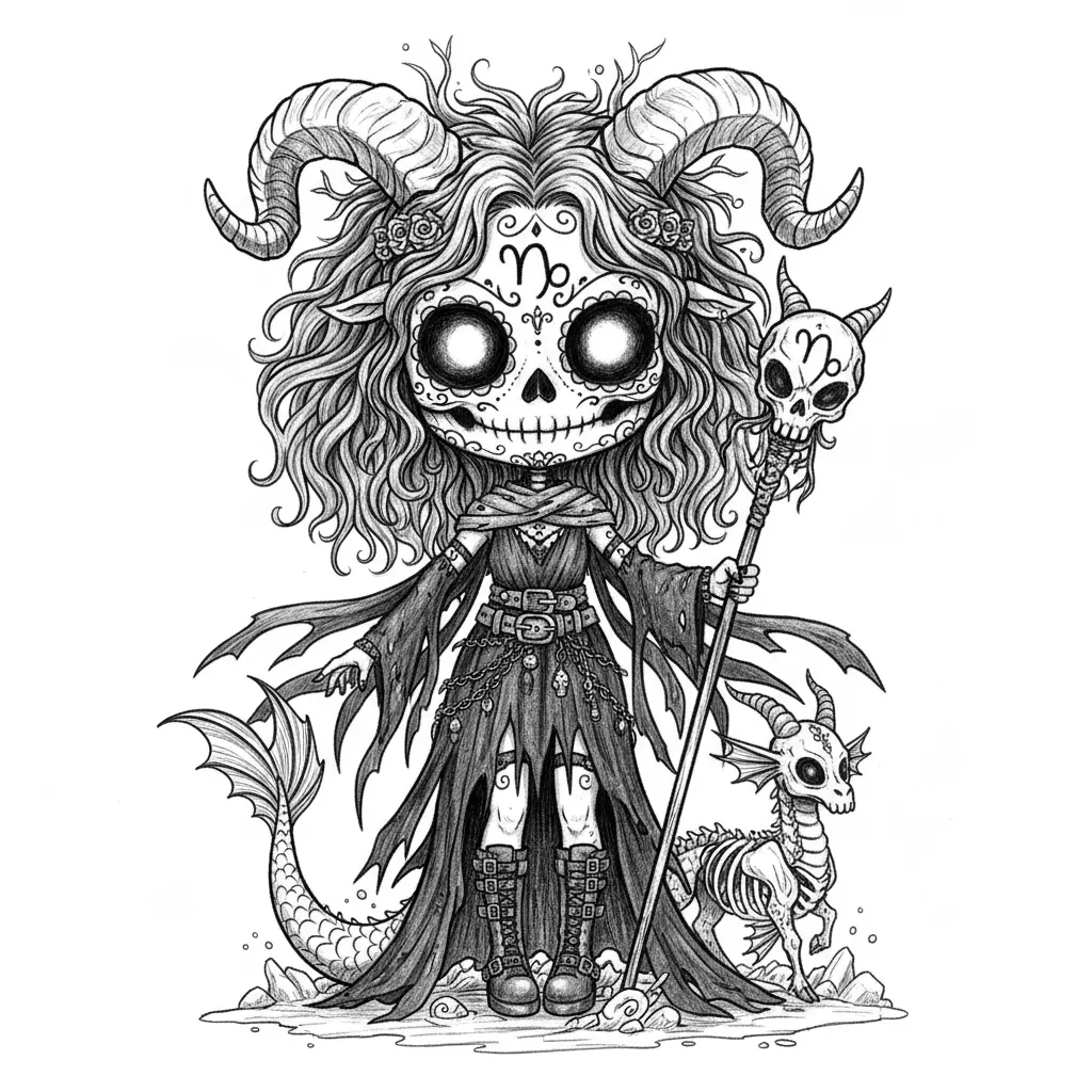 Create a full-body Capricorn zodiac character as a girl in a creepy-cute gothic chibi style. She should have an oversized head, a small body, and a sugar-skull inspired face with large black hollow eyes, a small dark nose cavity, a skeletal grin, and ornamental facial details. Render the piece in black and white only using detailed pen-and-ink linework, crosshatching, stippling, and textured scratchy shading. Give her tousled hair and dramatic goat horns. Place the Capricorn zodiac symbol on her forehead and again on a hanging charm, banner, or staff ornament. Dress her in layered gothic clothing with scarves, torn fabric, belts, buckles, chains, charms, and sturdy boots. Blend mountain and sea-goat symbolism into the design. Include either a goat companion, a sea-goat companion, or a visible scaled tail element to represent Capricorn. Add subtle rocky, wave, or shoreline details at the base, but keep the background mostly white and uncluttered. Make the illustration centered, moody, detailed, and part of a cohesive zodiac set.