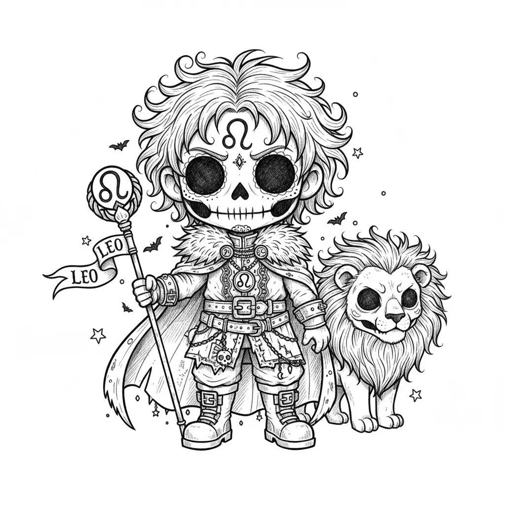 Create a full-body Leo zodiac character as a boy in a creepy-cute gothic chibi style. He should have an oversized head, a small body, and a sugar-skull inspired face with huge black hollow eyes, a small dark nose cavity, a wide skeletal grin, and ornate facial markings. Render everything in high-contrast black and white only with detailed pen-and-ink linework, crosshatching, stippling, and rich texture. Give him wild, mane-like hair and a dramatic, regal presence. Place the Leo zodiac symbol clearly on his forehead and again on a royal banner, scepter, or medallion. Dress him in layered gothic royal clothing with a tattered cloak, fur-like collar textures, belts, buckles, chains, charms, and sturdy boots. Include a lion companion at his side, styled in the same eerie-cute gothic ink aesthetic. Add small atmospheric elements like tiny bats, stars, or ink flecks, but keep the background mostly clean white. The composition should feel centered, powerful, detailed, and part of a unified zodiac series.