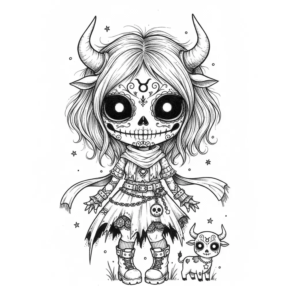 Create a full-body Taurus zodiac character as a girl in a creepy-cute gothic chibi style. She should have an oversized head, a small body, and a sugar-skull inspired face with large black hollow eyes, a small dark nose cavity, a wide skeletal grin, and delicate ornamental facial details. Render the artwork in black and white only with detailed pen-and-ink drawing, dense crosshatching, stippling, and scratchy ink textures. Give her wild, tousled hair and elegant but powerful bull horns. Place the Taurus zodiac symbol clearly on her forehead and again on a banner, charm, or medallion. Dress her in layered gothic clothing with torn skirts or fabric panels, lace details, scarves, belts, chains, charms, and sturdy boots. Include a small calf or bull companion near her, designed in the same inked gothic chibi style. Add subtle decorative details like tiny stars, bits of grass, ink flecks, or small dangling charms, while keeping the background mostly white and uncluttered. Make the overall composition centered, stylish, eerie, and series-consistent.