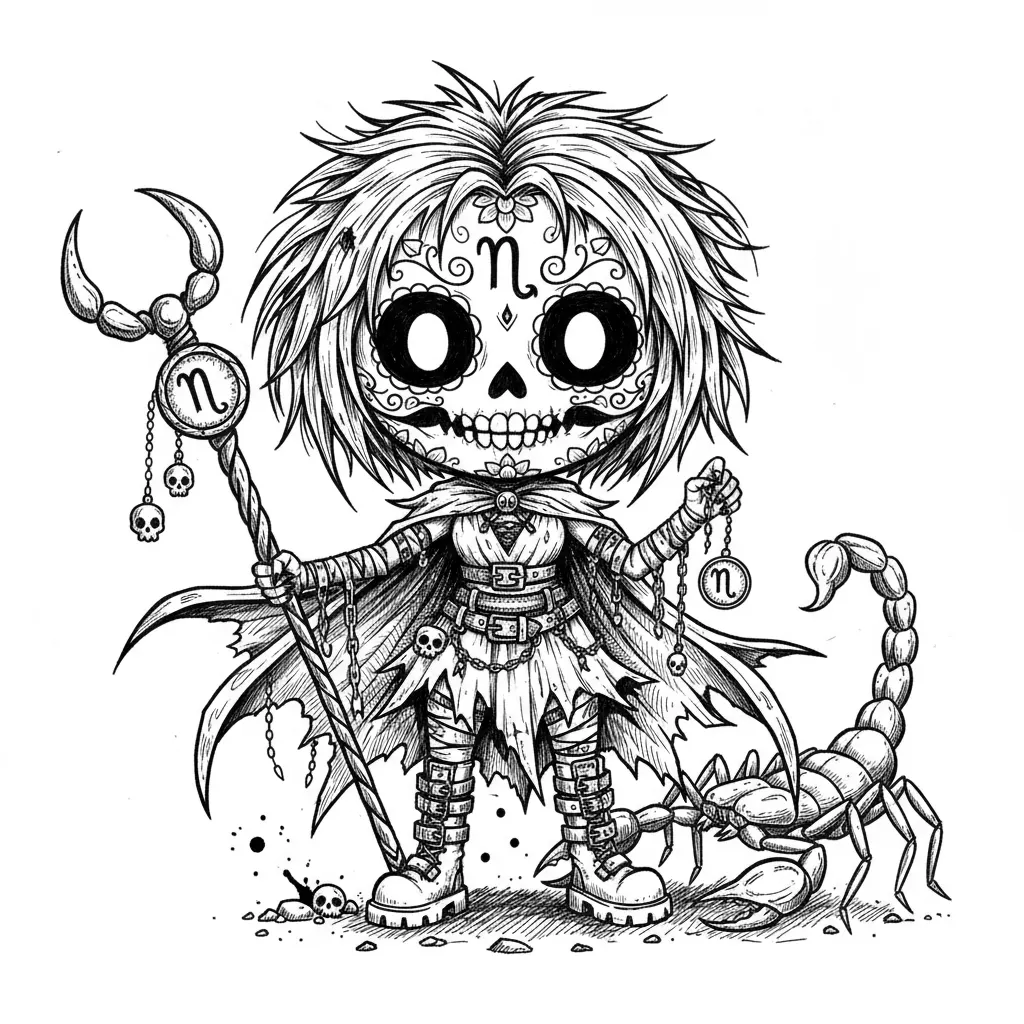Create a full-body Scorpio zodiac character as a girl in a creepy-cute gothic chibi style. She should have an oversized head, a small body, and a sugar-skull inspired face with large hollow black eyes, a small dark nose cavity, a wide skeletal grin, and intricate ornamental facial markings. Render the artwork in black and white only with detailed pen-and-ink linework, crosshatching, stippling, and dark scratchy ink textures. Give her wild, dramatic hair and a stronger, slightly sharper silhouette. Place the Scorpio zodiac symbol clearly on her forehead and again on a charm, medallion, or weapon-like prop. Dress her in layered gothic clothing with torn fabric, a dramatic cloak or scarf, belts, chains, wraps, charms, and heavy boots. Include a large scorpion companion beside her. A staff, spear, or scythe-like object with a scorpion-tail inspired shape would work well. Add a few ink splatters, tiny skulls, or bits of rocky ground texture, but keep the background mostly white. Make the overall design dark, detailed, eerie, and fully consistent with the rest of the zodiac line.