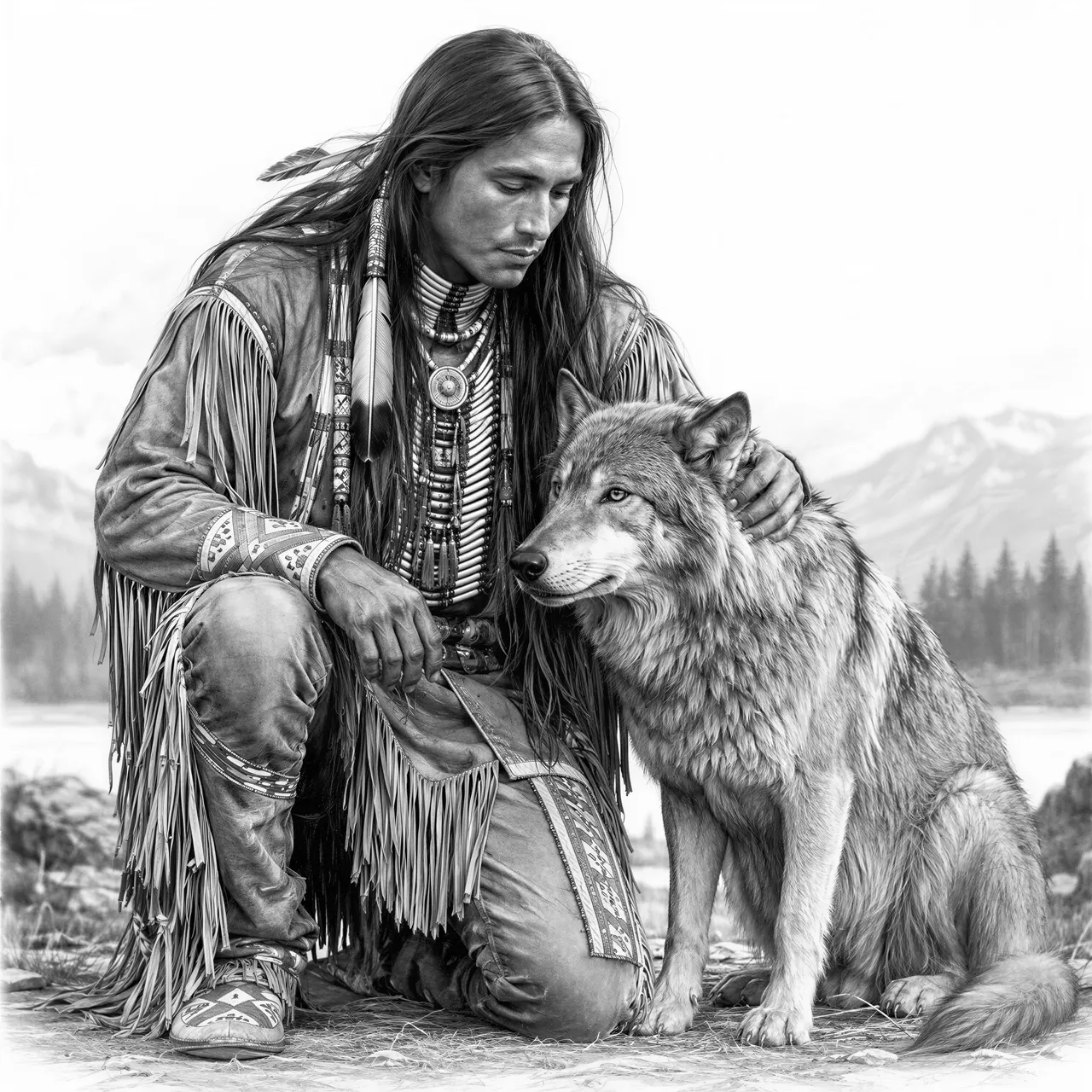 Create a highly detailed black-and-white pencil drawing that looks like a real photograph rendered in graphite. Show a Native American warrior kneeling on the ground and gently petting a wolf beside him. The scene should feel calm, powerful, and respectful, showing a quiet bond between man and animal. Style: - Photorealistic pencil drawing - Black and white only - Full grayscale range from deep blacks to soft midtones to bright highlights - Rich shading and smooth tonal transitions - Realistic skin texture, hair texture, fur texture, and clothing details - Fine graphite detail with soft blended shadows - Should resemble a real black-and-white photo recreated in pencil Subject details: - The warrior should appear strong, calm, and dignified - Traditional Native American-inspired appearance and clothing, portrayed respectfully - Kneeling posture, one hand gently resting on or petting the wolf - The wolf should look realistic, calm, and connected to the warrior - Natural facial expression, peaceful and focused - Detailed hair, clothing, and subtle cultural elements, but keep the overall image grounded and realistic Composition: - Medium to full-body composition - Focus on the emotional connection between the warrior and the wolf - Natural outdoor setting, lightly suggested or softly rendered so the main subjects remain the focus - Balanced composition with both figures clearly visible - Cinematic lighting with strong contrast and beautiful grayscale depth Mood: - Quiet - Noble - Spiritual - Protective - Deeply connected to nature Avoid: - Cartoon style - Over-stylized fantasy elements - Harsh outlines only - Flat black-and-white with no tonal range - Excessive background clutter