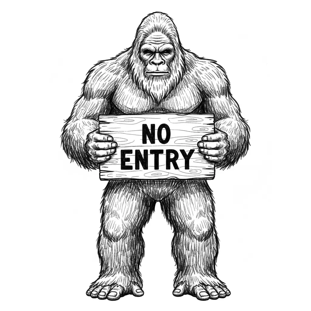Sasquatch standing holding a sign that says NO ENTRY