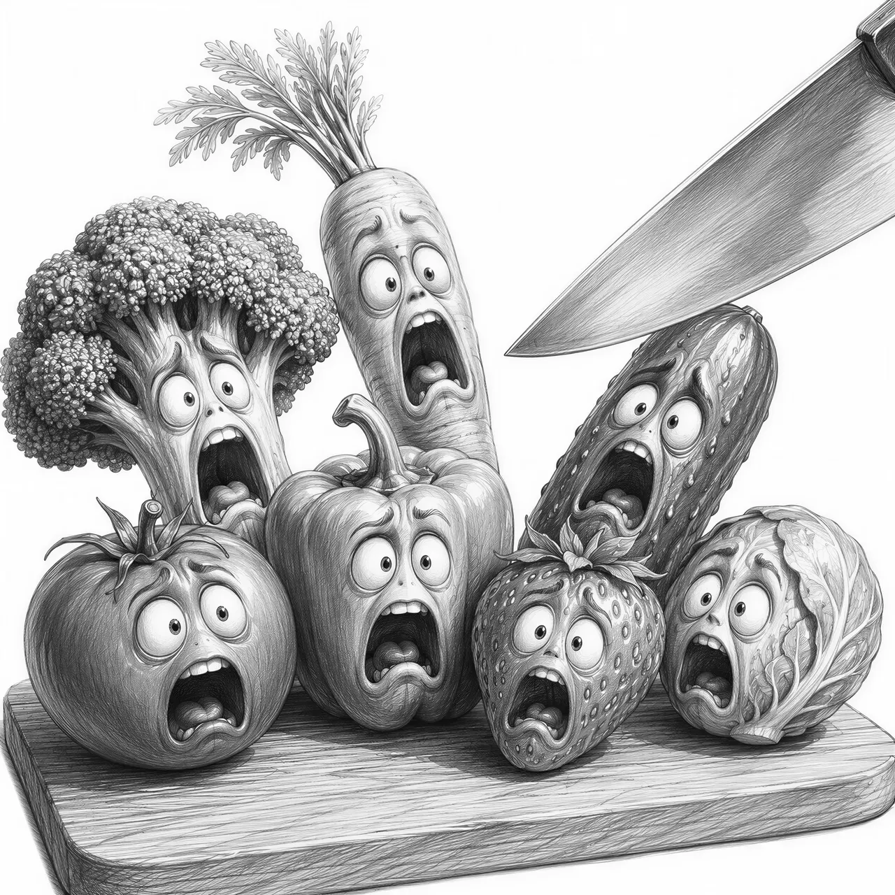 fruits and vegetables screaming They've got a knife. This will go on a cutting board