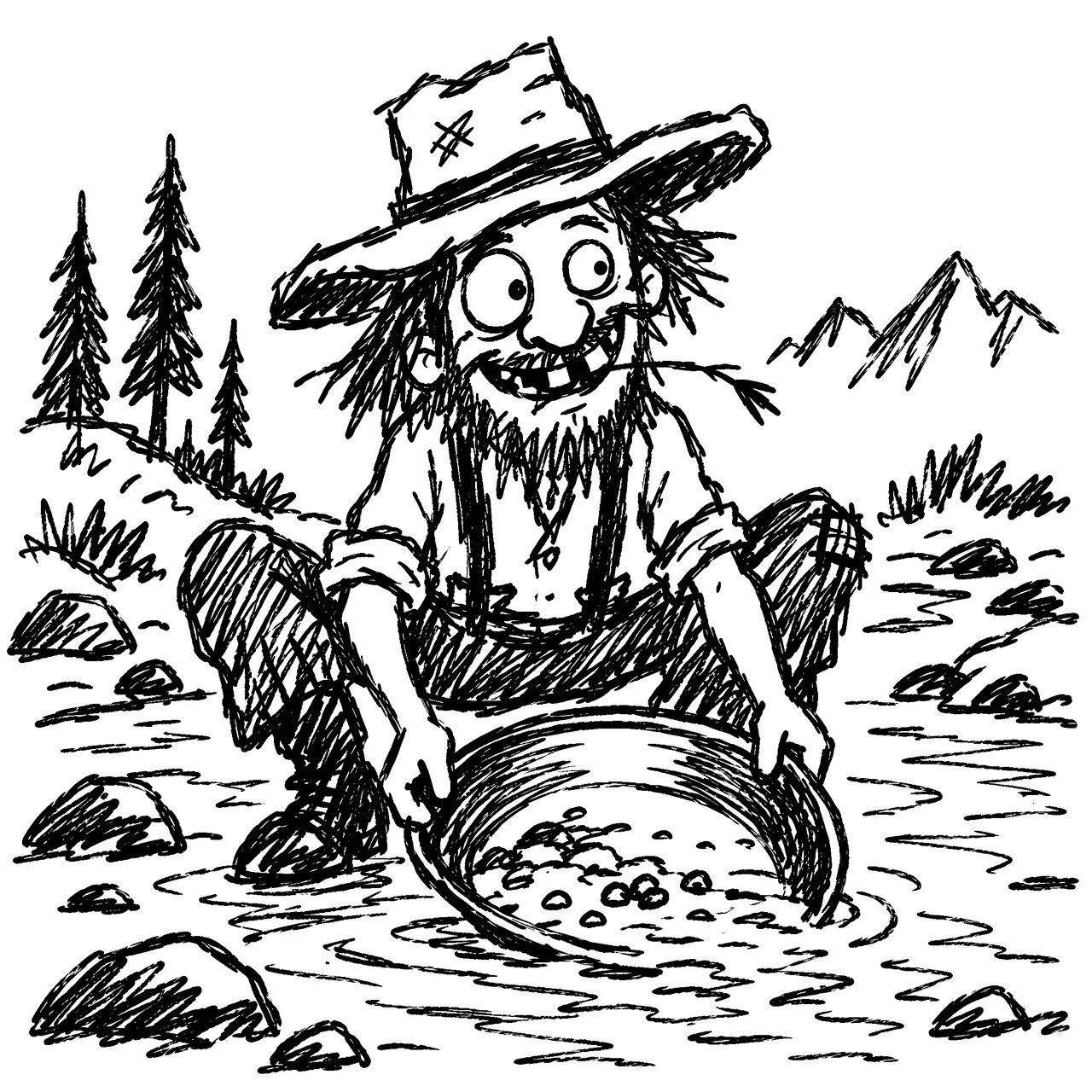 A 19th century western USA gold miner with pan in both hands, squatting over a slow running river panning for gold