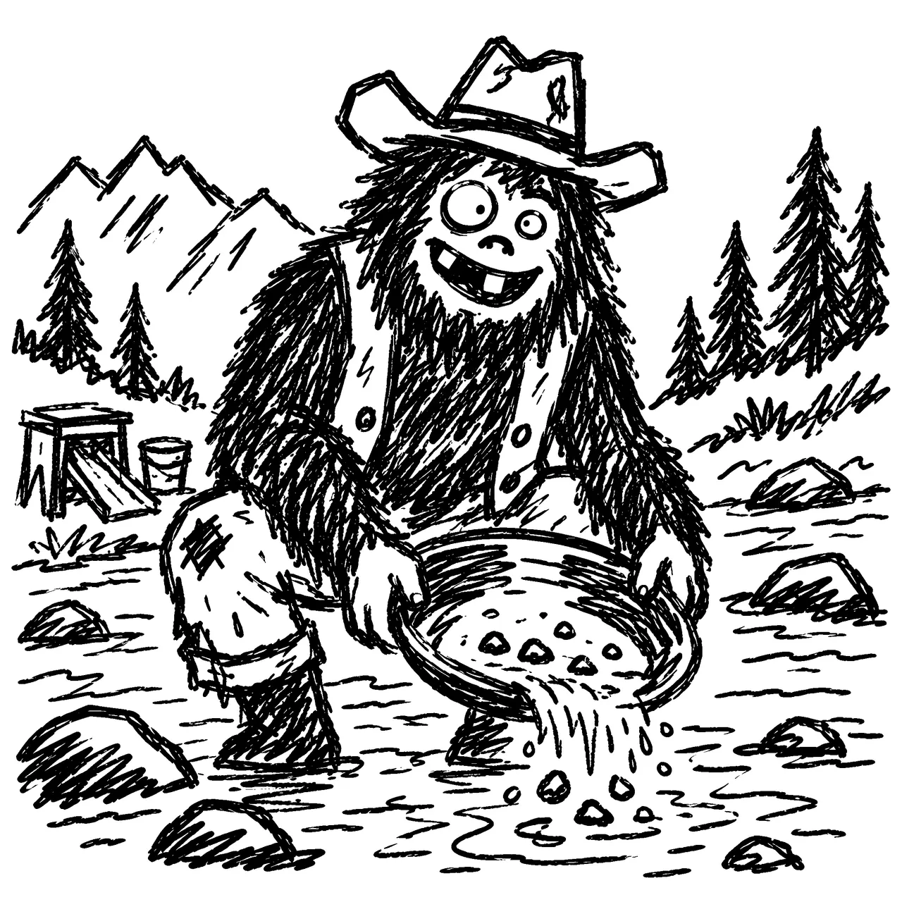 A Bigfoot dressed as a 19th century western usa gold miner, squatting over a slow river panning gold