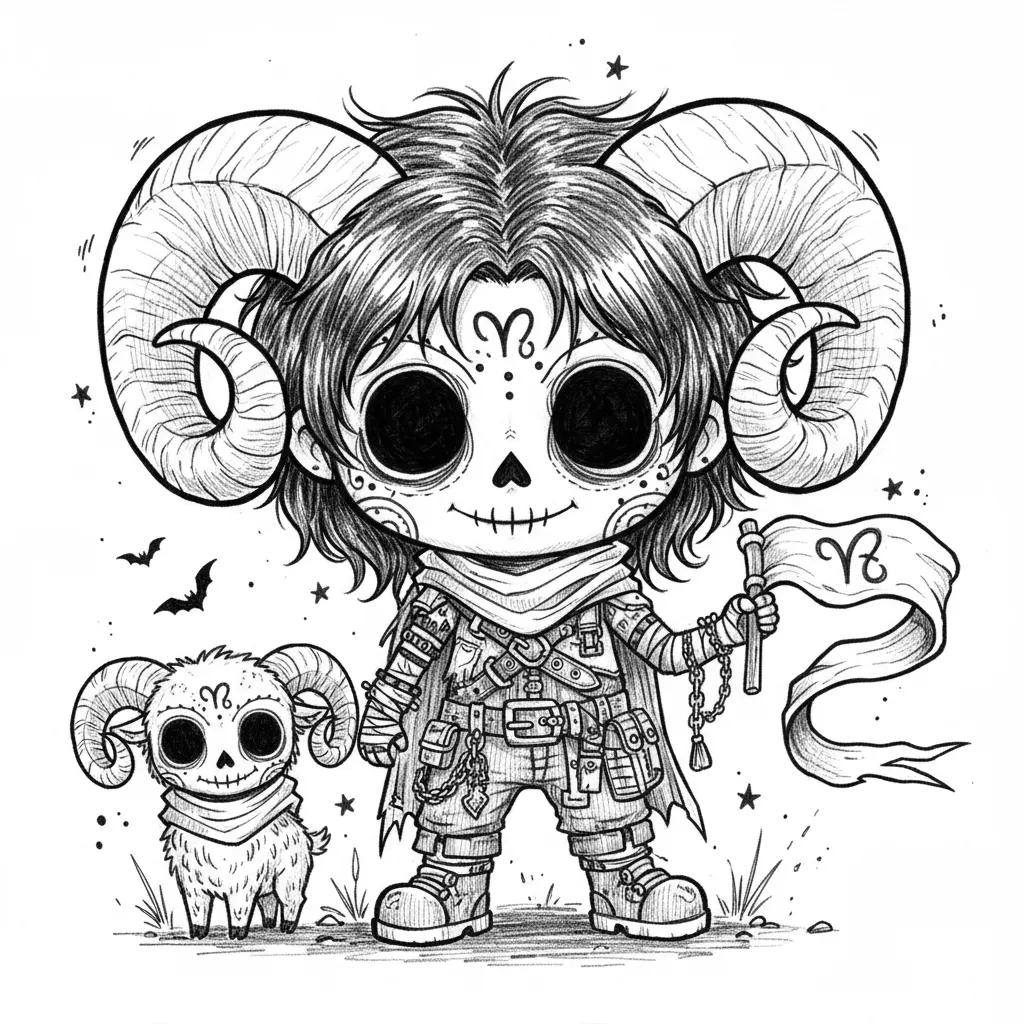 Create a full-body Aries zodiac character as a boy in a creepy-cute gothic chibi style. Give him an oversized head, a small body, and a sugar-skull inspired face with large hollow black eyes, a small dark nose cavity, a wide skeletal grin, and delicate ornamental face markings. Render everything in high-contrast black and white only, using detailed pen-and-ink linework, crosshatching, stippling, and scratchy sketch textures. Give him messy, wild hair and large ram horns curling out from his head. Place the Aries zodiac symbol clearly on his forehead and again on a tattered banner or flag. Dress him in layered gothic adventurer clothing with torn fabric, a scarf or cowl, belts, buckles, chains, charms, wraps, and rugged boots. Include a ram companion beside him, styled to match the same eerie-cute gothic ink look. Add a few subtle atmospheric details like tiny bats, scattered stars, light ink splatters, or bits of ground texture, but keep the background mostly clean white. Make the composition centered, bold, highly detailed, and consistent with a collectible dark fantasy zodiac series.