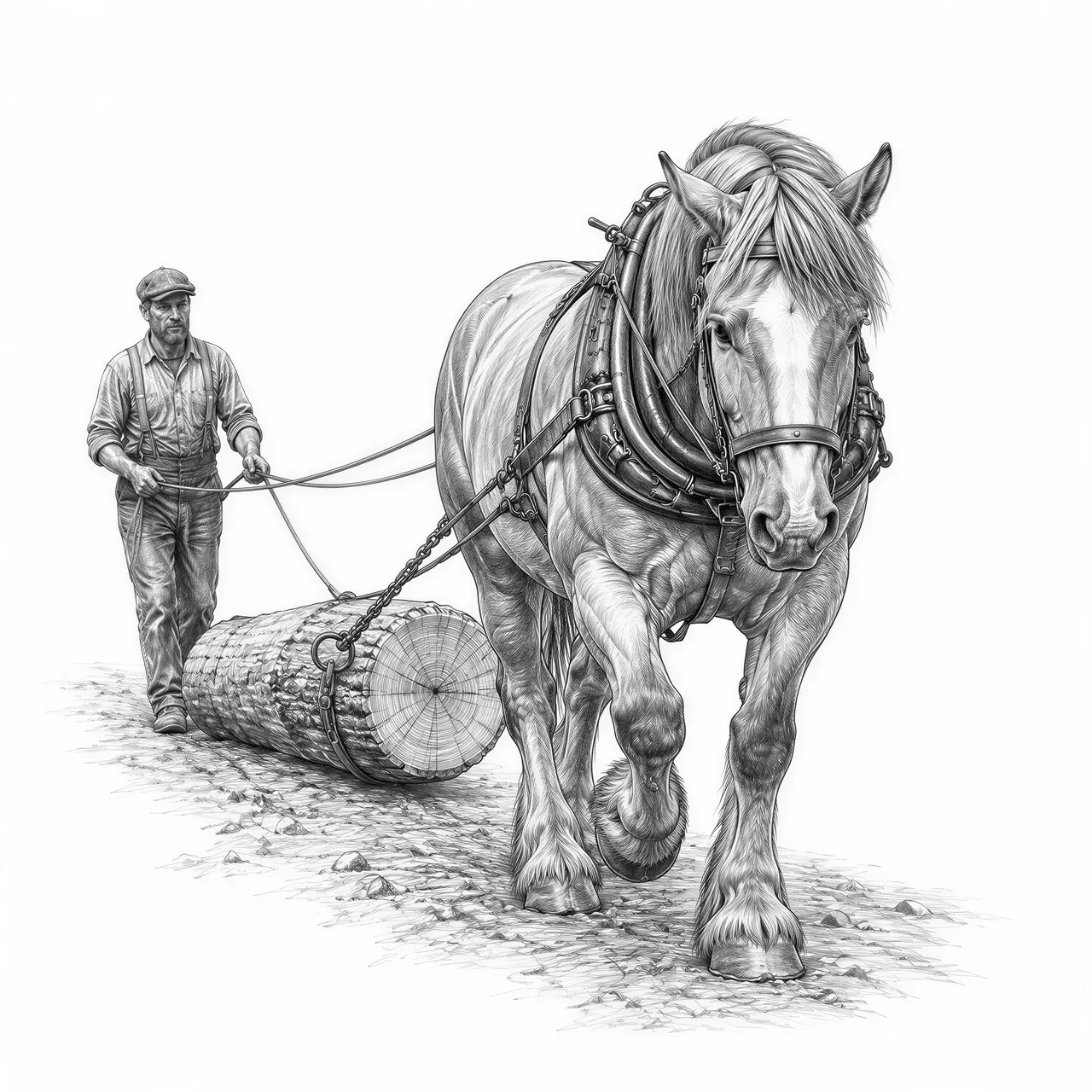 a man walking behind a logging horse. he is holding the reins, the horse pulling one large tree