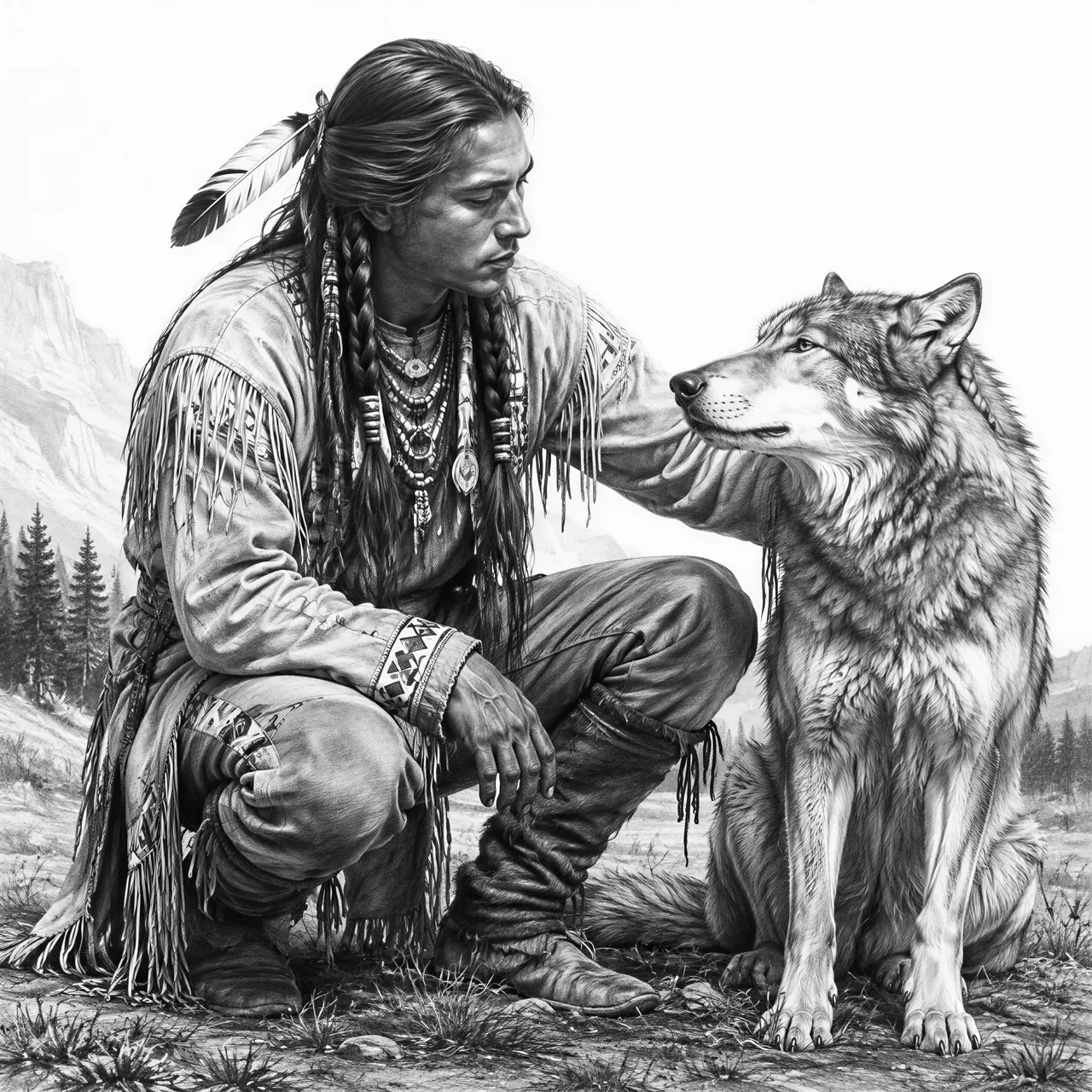Create a highly detailed black-and-white pencil drawing that looks like a real photograph rendered in graphite. Show a Native American warrior kneeling on the ground and gently petting a wolf beside him. The scene should feel calm, powerful, and respectful, showing a quiet bond between man and animal.
Style:
- Photorealistic pencil drawing
- Black and white only
- Full grayscale range from deep blacks to soft midtones to bright highlights
- Rich shading and smooth tonal transitions
- Realistic skin texture, hair texture, fur texture, and clothing details
- Fine graphite detail with soft blended shadows
- Should resemble a real black-and-white photo recreated in pencil
Subject details:
- The warrior should appear strong, calm, and dignified
- Traditional Native American-inspired appearance and clothing, portrayed respectfully
- Kneeling posture, one hand gently resting on or petting the wolf
- The wolf should look realistic, calm, and connected to the warrior
- Natural facial expression, peaceful and focused
- Detailed hair, clothing, and subtle cultural elements, but keep the overall image grounded and realistic
Composition:
- Medium to full-body composition
- Focus on the emotional connection between the warrior and the wolf
- Natural outdoor setting, lightly suggested or softly rendered so the main subjects remain the focus
- Balanced composition with both figures clearly visible
- Cinematic lighting with strong contrast and beautiful grayscale depth
Mood:
- Quiet
- Noble
- Spiritual
- Protective
- Deeply connected to nature
Avoid:
- Cartoon style
- Over-stylized fantasy elements
- Harsh outlines only
- Flat black-and-white with no tonal range
- Excessive background clutter