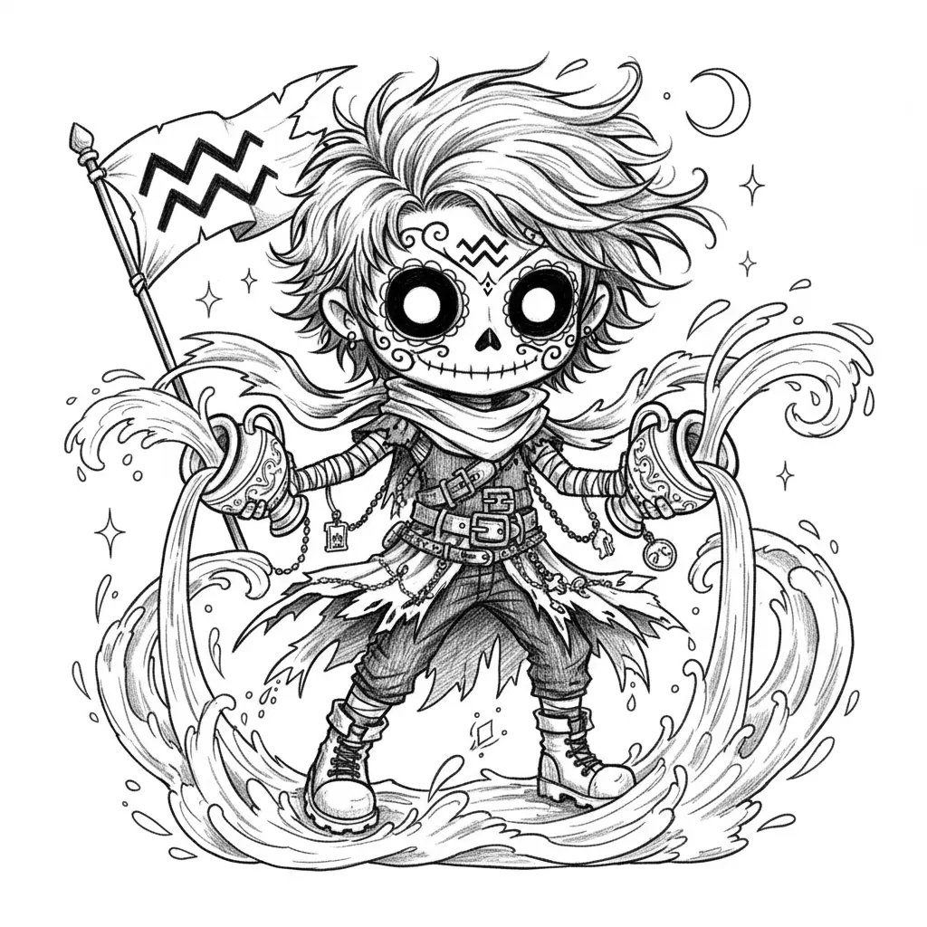 Create a full-body Aquarius zodiac character as a boy in a creepy-cute gothic chibi style. He should have an oversized head, a small body, and a sugar-skull inspired face with large black hollow eyes, a small dark nose cavity, a skeletal grin, and elegant ornamental facial markings. Render everything in black and white only with detailed pen-and-ink linework, crosshatching, stippling, and dynamic scratchy textures. Give him messy, dramatic hair and flowing movement in the clothing. Place the Aquarius zodiac symbol clearly on his forehead and again on a tattered flag or banner. Dress him in layered gothic clothing with a scarf or cowl, torn fabric, belts, chains, charms, wraps, and rugged boots. Have him hold two ornate urns pouring out stylized flowing water. The water should create graceful motion with waves, droplets, and splashes. Add a few stars or celestial details, but keep the background mostly white and uncluttered. Make the composition centered, energetic, eerie, and fully consistent with a collectible dark fantasy zodiac series.