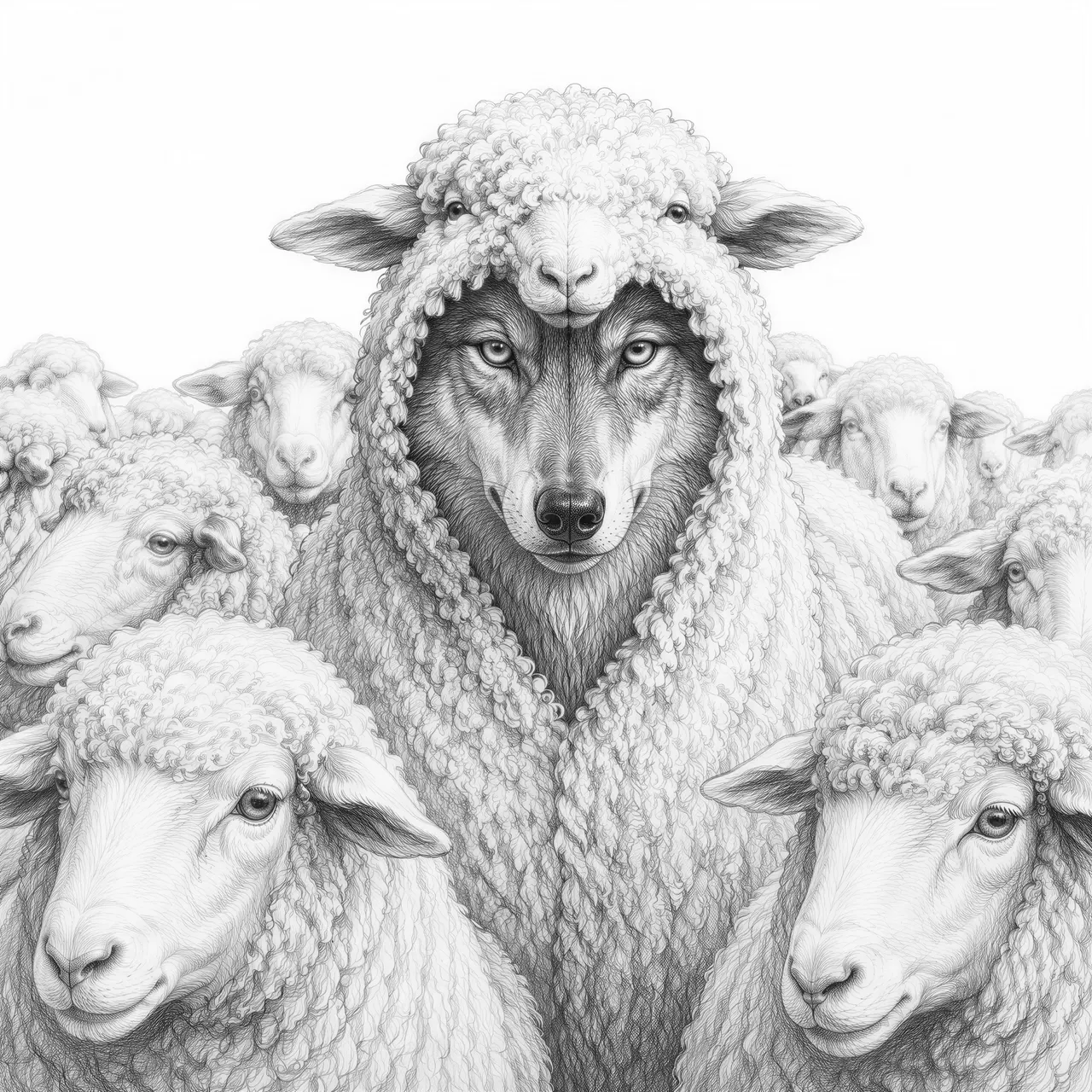 a wolf in sheeps clothing while standing in a heard of sheep