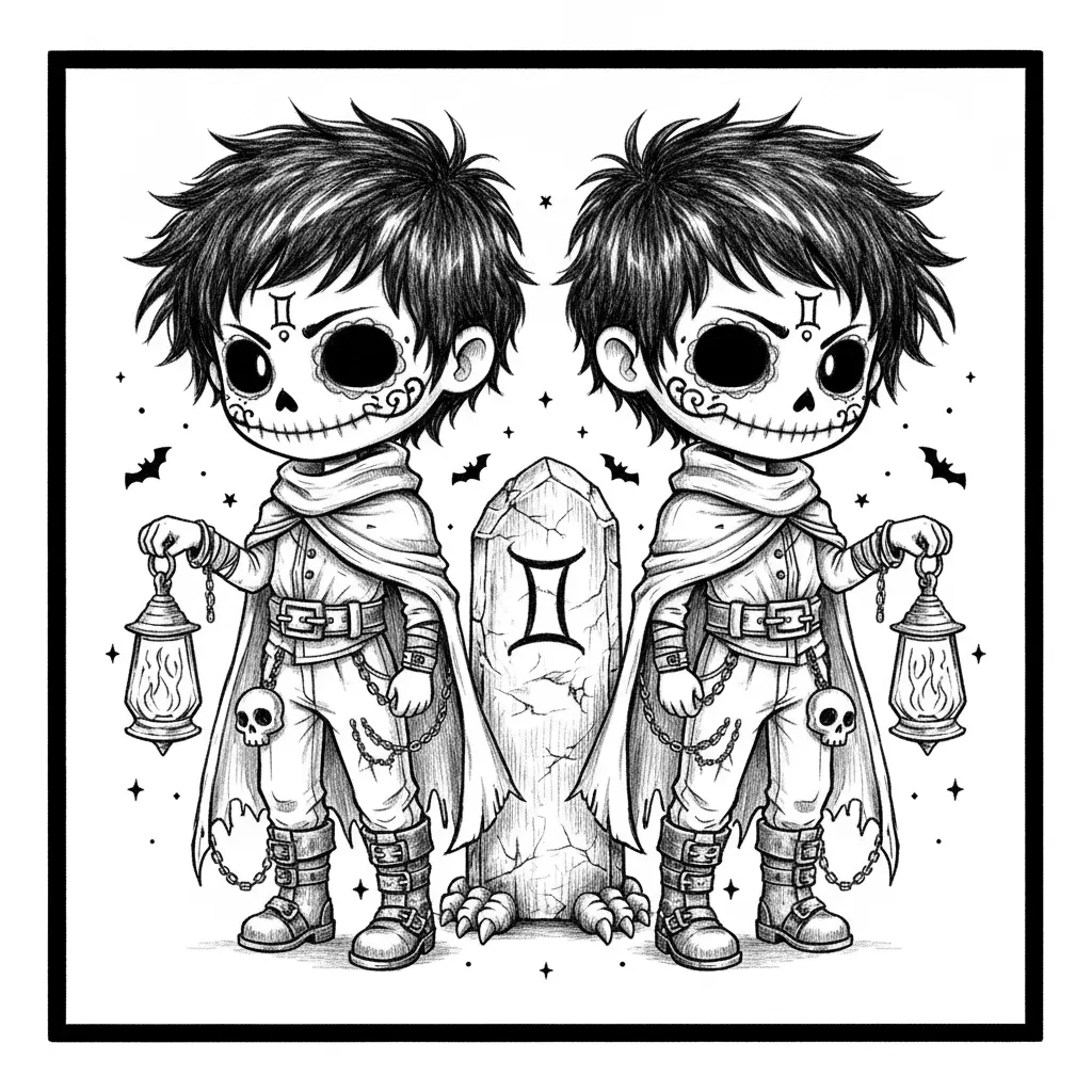 Create a full-body Gemini zodiac design as a boy-themed character illustration in a creepy-cute gothic chibi style. Use black and white only, with intricate pen-and-ink linework, crosshatching, stippling, and rough sketch textures. The main aesthetic should be whimsical, eerie, and highly detailed. Show Gemini as twin boys, each with oversized heads, small bodies, and sugar-skull inspired faces with hollow black eyes, small dark nose cavities, skeletal grins, and ornamental face markings. Give them messy, layered hair and coordinated gothic outfits with scarves, torn cloaks, belts, buckles, chains, wraps, and boots. Place the Gemini symbol on each forehead and also on a central prop, such as a stone marker, pendant, or banner. Use symmetry or mirrored posing to emphasize the twins. Include matching props such as two lanterns, two charms, or another paired object that strengthens the twin theme. Add a few tiny bats, stars, or ink splatters for mood, but keep the background mostly clean white. Make the composition centered and balanced so it feels like part of a cohesive zodiac collection.