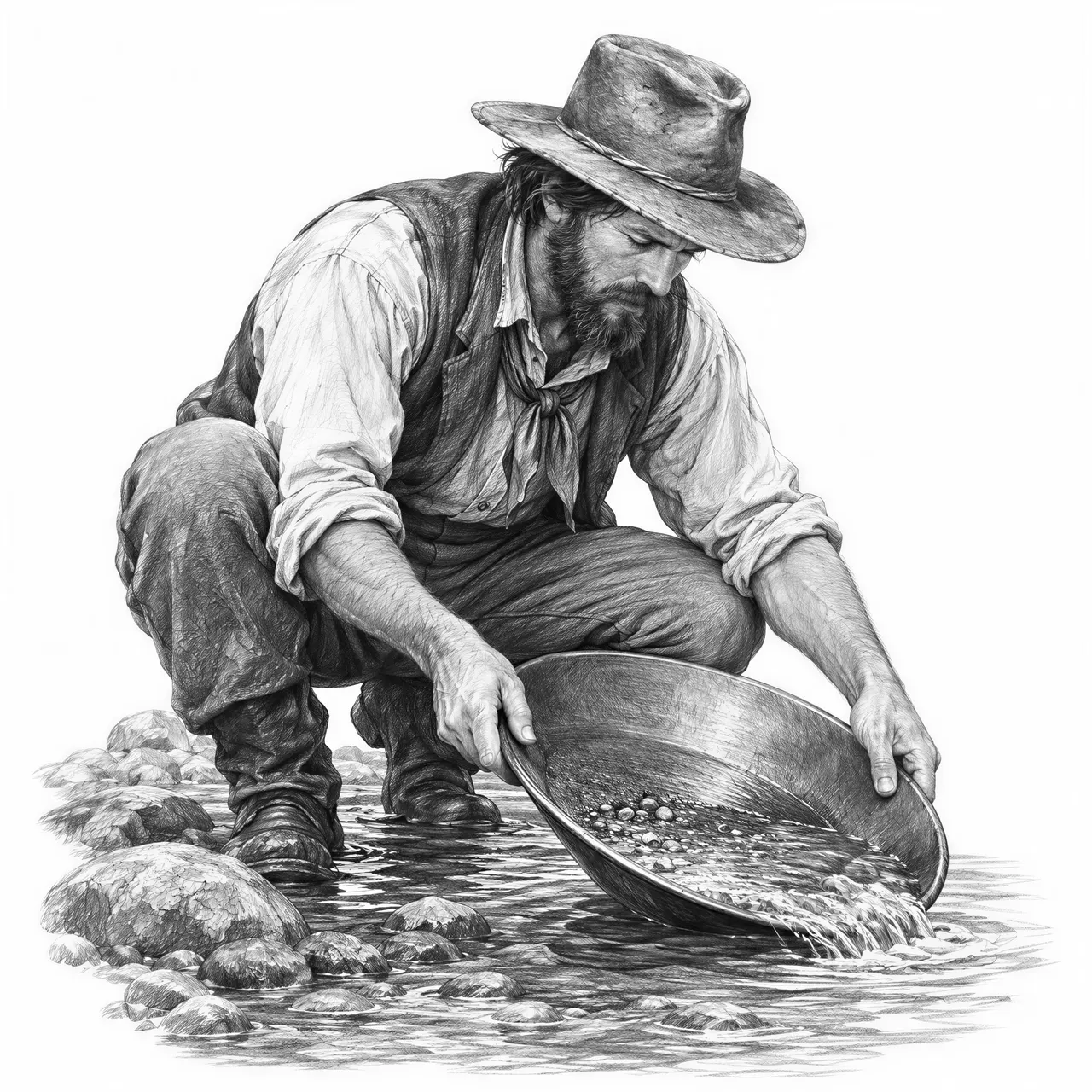 A 19th century western USA gold miner squatting over a slow river panning gold