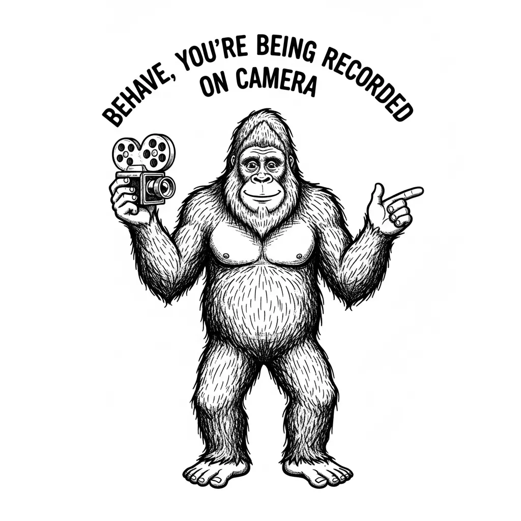 A friendly looking Bigfoot full height, saying Behave, you're being recorded on camera