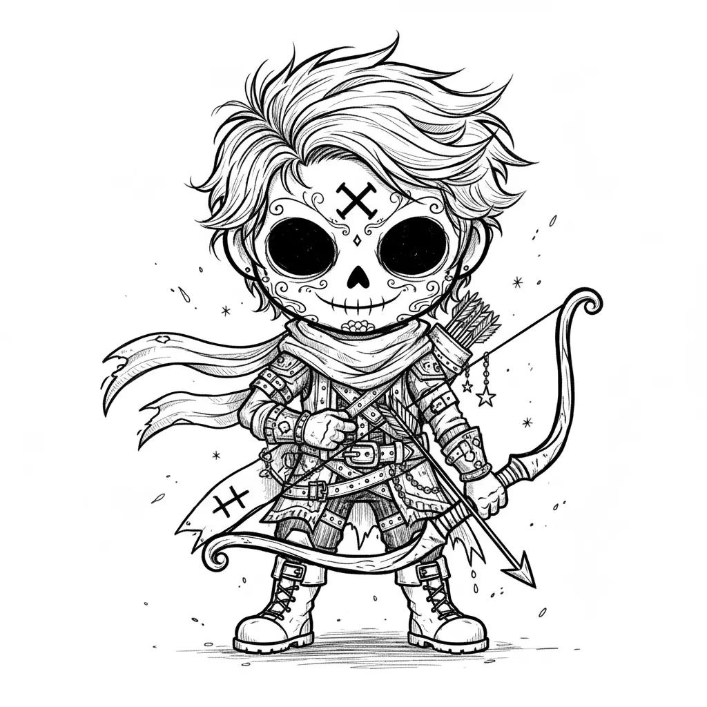 Create a full-body Sagittarius zodiac character as a boy in a creepy-cute gothic chibi style. Give him an oversized head, a small body, and a sugar-skull inspired face with large hollow black eyes, a small dark nose cavity, a skeletal grin, and delicate ornamental face details. Render the artwork in high-contrast black and white only using pen-and-ink linework, crosshatching, stippling, and scratchy texture. Give him messy, windswept hair and a confident traveler or ranger appearance. Place the Sagittarius zodiac symbol clearly on his forehead and again on a banner, charm, or quiver detail. Dress him in layered gothic adventurer clothing with torn cloth, a scarf, belts, straps, buckles, chains, and rugged boots. He should carry a bow and arrow, with a quiver and a few celestial details like stars or moon charms. Add subtle atmospheric marks like stars, splatters, or light ground texture while keeping the background mostly clean white. Make the design centered, elegant, eerie, and visually consistent with the full zodiac collection.