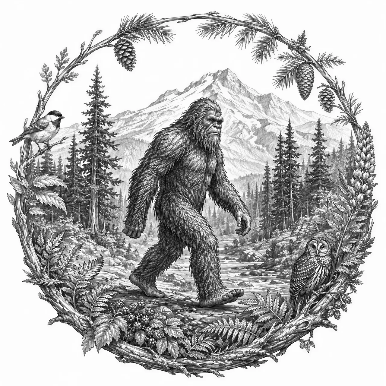 Generate this prompt inside the included imageMy business is called Squatch Laser, located in Eastern Oregon. Make a Bigfoot themed image using this are to fill in the detain. use local pnw fauna for the boarder
