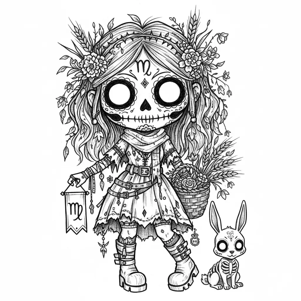 Create a full-body Virgo zodiac character as a girl in a creepy-cute gothic chibi style. She should have an oversized head, a small body, and a sugar-skull inspired face with large hollow black eyes, a small dark nose cavity, a skeletal grin, and delicate ornamental facial details. Render the image in black and white only using detailed pen-and-ink linework, crosshatching, stippling, and soft scratchy textures. Give her tousled hair decorated with wheat, leaves, flowers, or botanical details. Place the Virgo zodiac symbol on her forehead and again on a hanging cloth, medallion, book, or small banner. Dress her in layered gothic clothing with torn fabric, scarves, lace, belts, charms, wraps, and boots. Include a small rabbit or gentle woodland companion beside her. Add supporting elements like a basket, wheat stalks, flowers, or subtle botanical accents, but keep the background mostly white and uncluttered. Make the design elegant, eerie, highly detailed, and consistent with a dark fantasy zodiac collection.