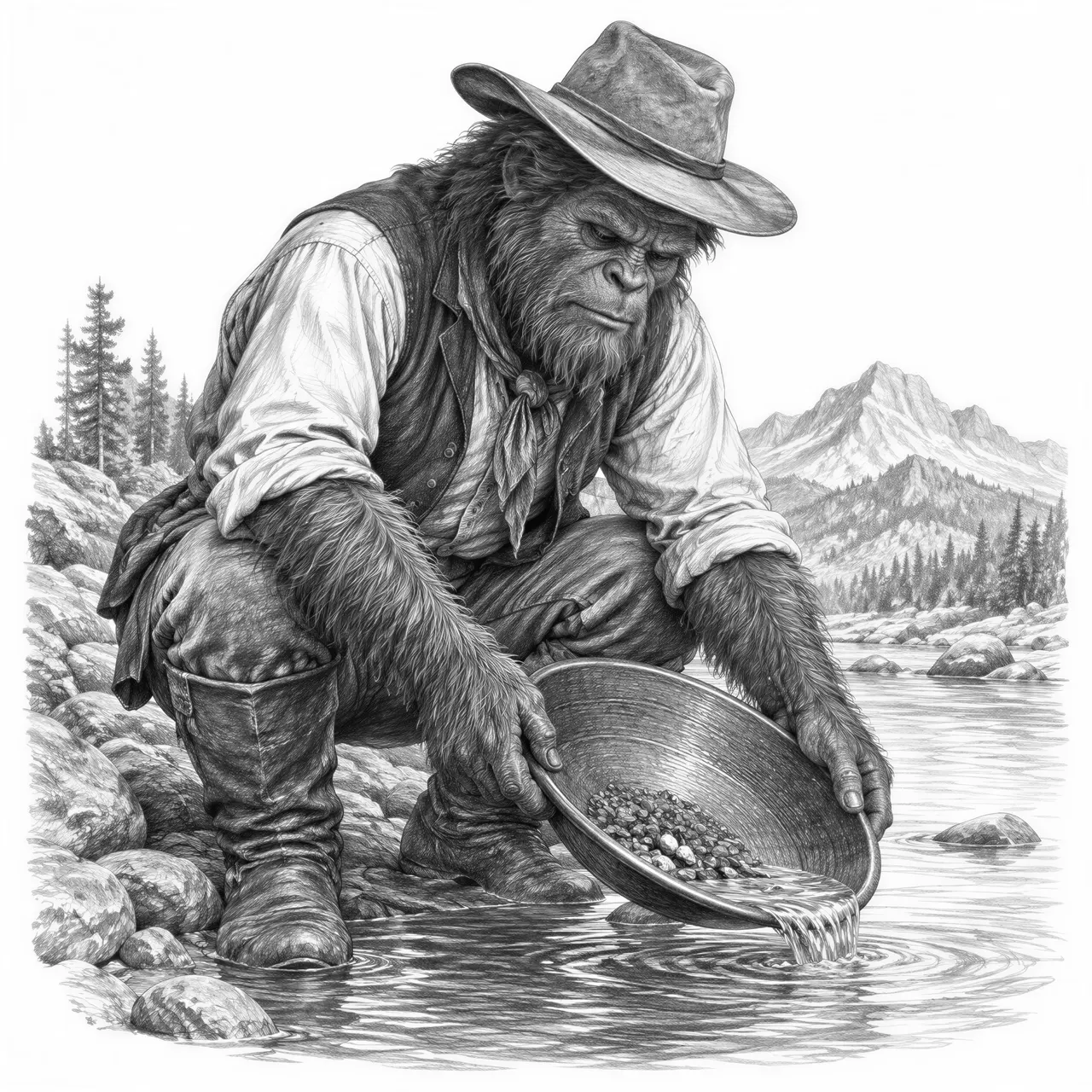 A Bigfoot dressed as a man from the 19th century in the western portion of the usa squatting over a slow river panning for gold