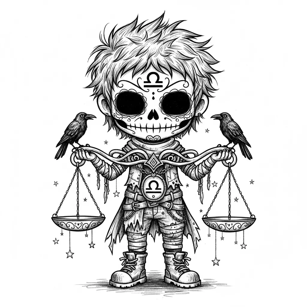 Create a full-body Libra zodiac character as a boy in a creepy-cute gothic chibi style. He should have an oversized head, a small body, and a sugar-skull inspired face with hollow black eyes, a small dark nose cavity, a broad skeletal grin, and ornate face markings. Render everything in high-contrast black and white using pen-and-ink drawing, crosshatching, stippling, and detailed scratchy textures. Give him messy, expressive hair and a balanced, symmetrical overall design. Place the Libra zodiac symbol clearly on his forehead and again on a medallion, hanging cloth, or part of a large scale. Dress him in layered gothic clothing with torn fabric, scarves, belts, buckles, chains, wraps, and rugged boots. Make him hold or support a dramatic set of scales. You may include two ravens, crows, or matching ornaments perched on the scale pans to enhance the symbolism. Add a few tiny stars, hanging charms, or subtle ground texture, but keep the background mostly white. The piece should be centered, elegant, eerie, and consistent with a collectible zodiac line.