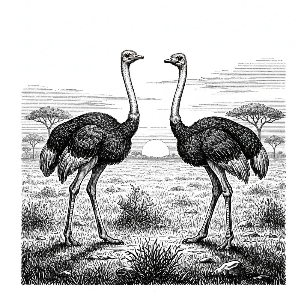 This image is a detailed pencil sketch of two ostriches standing in an open field during sunset. In the foreground, the two ostriches stand several feet apart. They are drawn with careful shading and fine line work that gives texture to their feathers. Their long necks stretch upward, and both birds appear alert and calm. Their legs are slender and detailed, with light cross-hatching used to show shadow and depth. The setting looks like an African savanna. The ground is covered with short grasses, small bushes, and a few scattered rocks. In the midground and background, there are flat-topped trees that resemble acacia trees, sketched lightly to suggest distance. Behind the ostriches, the sun is low on the horizon, appearing as a bright circular shape partially touching the distant landscape. The sky is filled with softly sketched clouds, using gentle shading and fine strokes to create a peaceful sunset atmosphere. Overall, the drawing has a warm, natural feel, with careful pencil shading, cross-hatching, and line detail that give it depth and realism while keeping the classic look of a hand-drawn sketch.