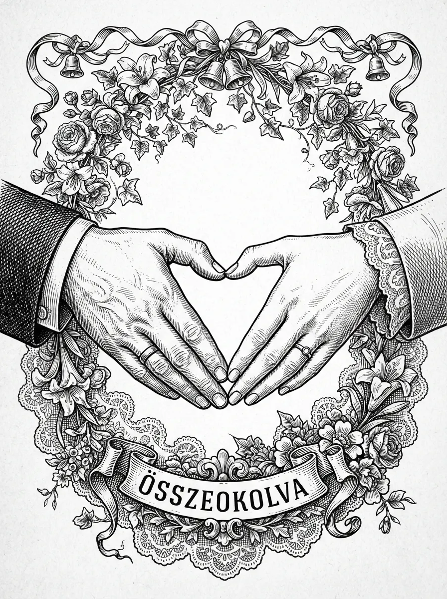 Egy férfi, és egy női kéz szív alakú, esküvői dekorációval.