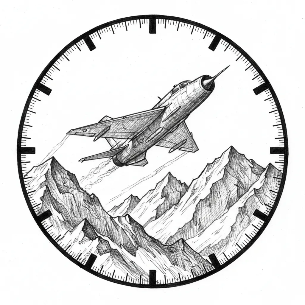 MIG 21 vadászrepülő hegyek között repül kör alakú kép óraszámlappal mutatók nélkül.