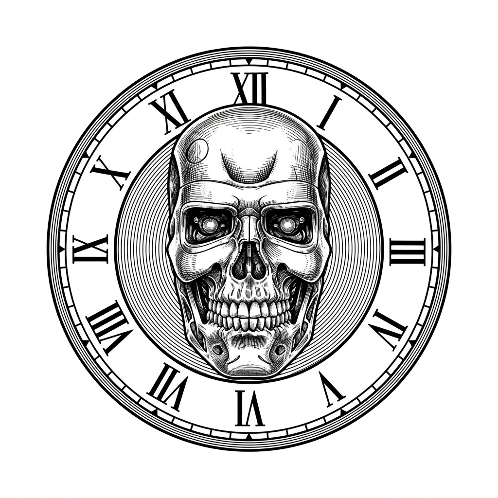 Terminator kör alakú kép, óraszámlappal, mutató nélkül.