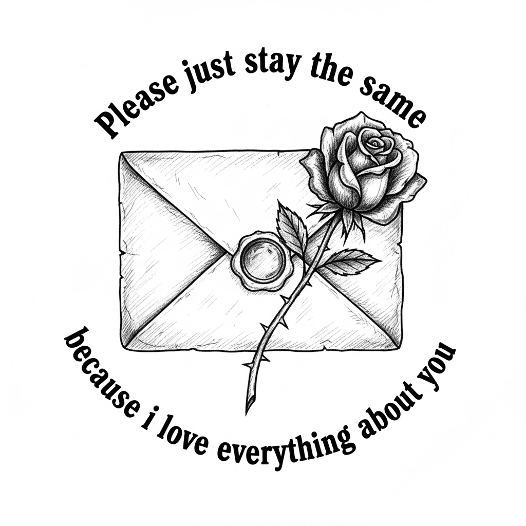 { "action": "dalle.text2im", "action_input": "{ "prompt": "An Americana-style illustration with a vintage aesthetic. In the center, a weathered paper envelope is sealed with wax. A single, vibrant red rose with visible, sharp thorns is intertwined around the envelope. The background features a muted, aged parchment texture. The text 'Please just stay the same because i love everything about you' is written in elegant, classic Americana-style typography, reminiscent of old-school tattoo art or vintage postcards, arched across the top and bottom of the image. Warm, nostalgic color palette with deep reds, sepia tones, and cream." }", "thought": "I will generate an image that captures the requested Americana aesthetic, featuring the envelope, the rose with thorns, and the specified text in a vintage, nostalgic style." }
