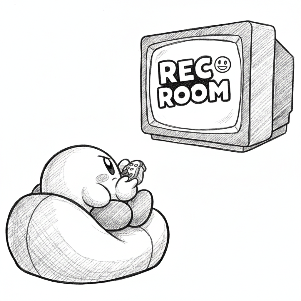 kirby playing video games with the rec room logo on the tv
