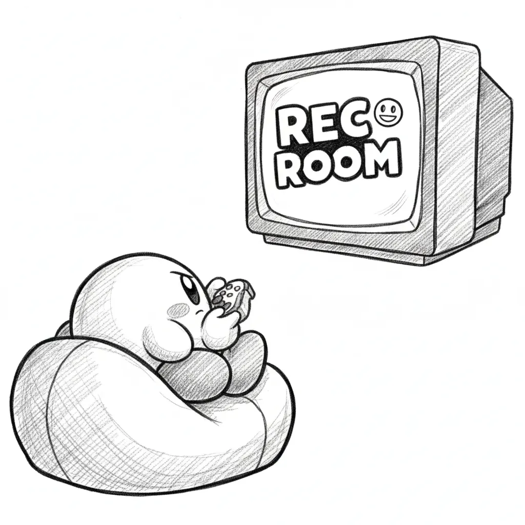 kirby playing video games with the rec room logo on the tv