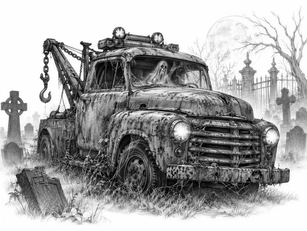haunted tow truck in a cematery