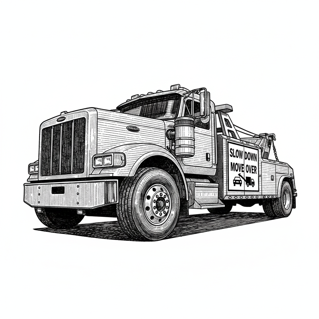 Tow truck , saying slow down move over