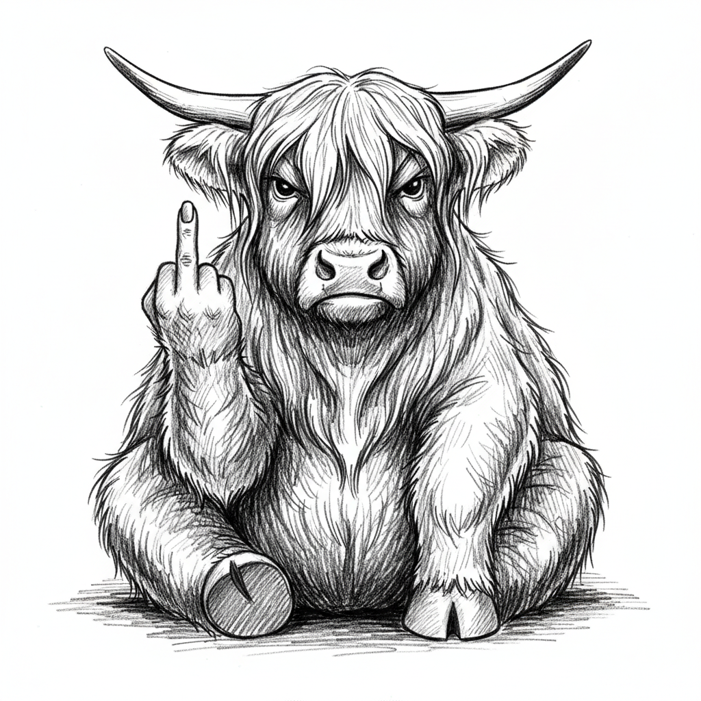 Chubby highland cow sitting down. Giving the middle finger