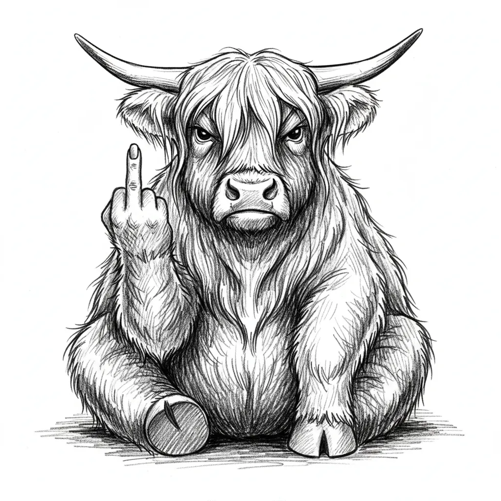 Chubby highland cow sitting down. Giving the middle finger