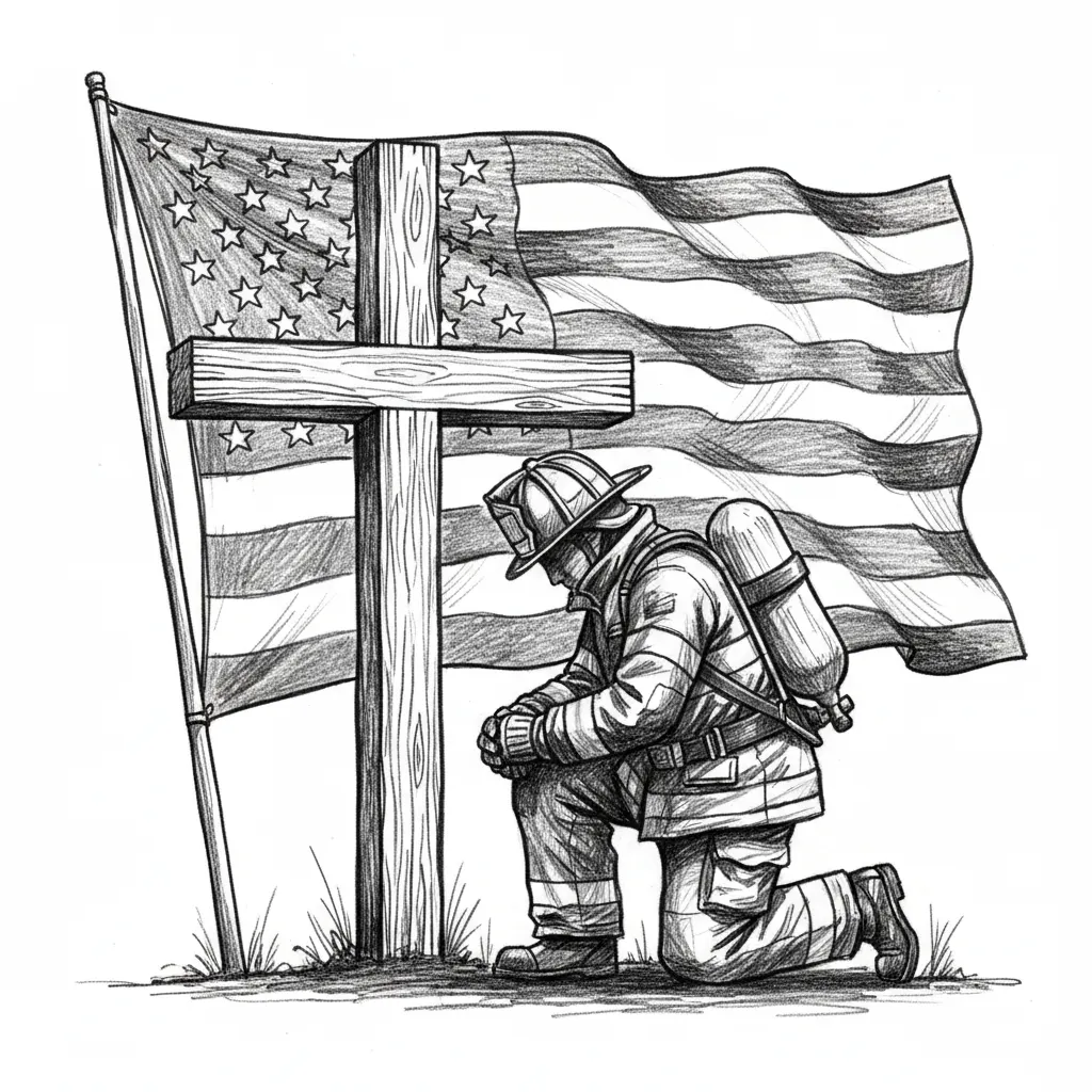 firefighter kneeling at the cross with the american flag behind i