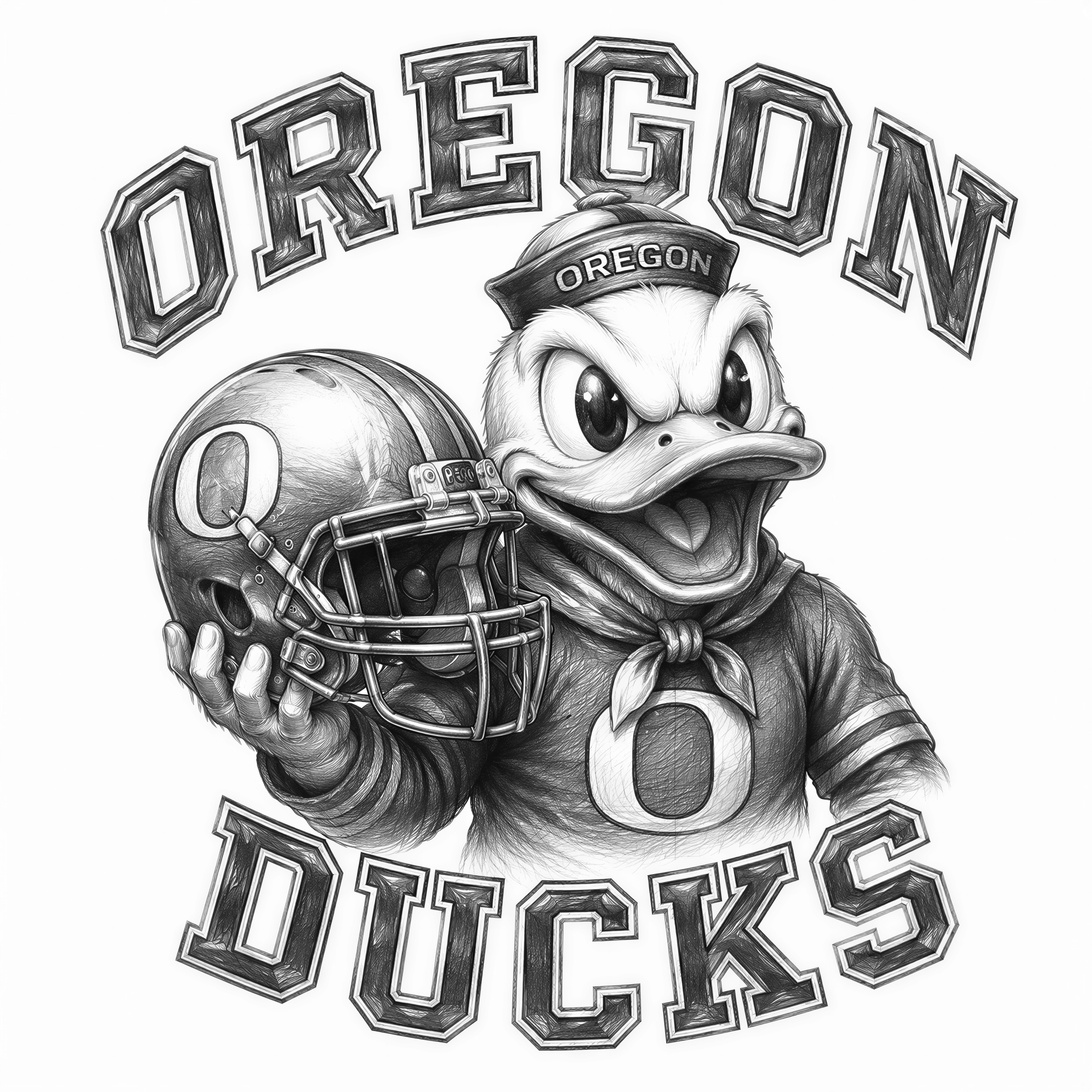 Oregon ducks football helmet with duck mascot holding helmet and Oregon above and ducks below