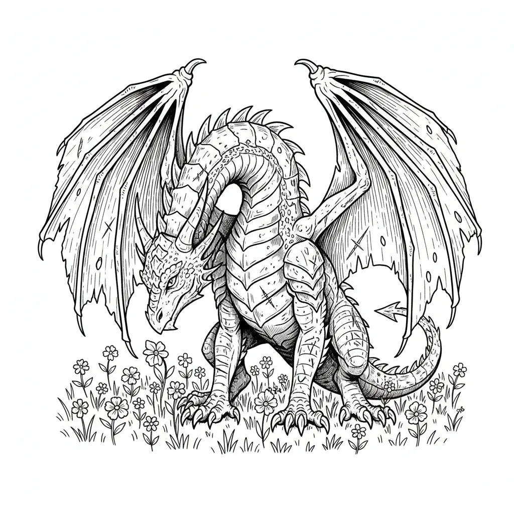 Create a high-contrast vector illustration of a battle-scarred wyvern standing in a calm, grounded pose. The wyvern should have wings slightly open, relaxed rather than aggressive, with visible scars, torn membranes, and weathered details that suggest past battles.  The wyvern’s head should be lowered slightly as if gently smelling or breathing in a field of flowers, creating a contrast between its fierce nature and a peaceful moment. Its expression should feel calm, curious, or reflective rather than threatening.  Surround the wyvern with a simple field of flowers, using minimal, stylized shapes (wildflowers, small blooms, light ground detail) that do not overpower the subject.  Style should be clean vector linework, slightly illustrative but simplified, suitable for laser engraving. Use black and white only, with no gradients, no soft shading, and rely on bold outlines, negative space, and limited line detail for depth.  Keep the composition balanced and centered, with the wyvern as the focal point and the flowers as a subtle foreground/environmental element.  Ensure the artwork is fully vectorized (SVG-ready), scalable, with clean paths, consistent line weight, and no unnecessary noise, optimized for engraving on wood or metal.