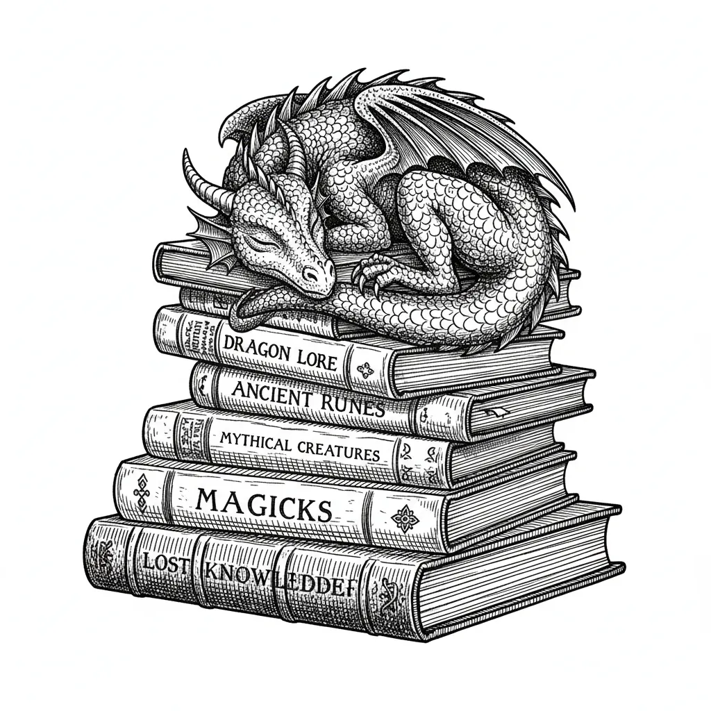 sleeping young dragon on a stack of books showing some of the book spines