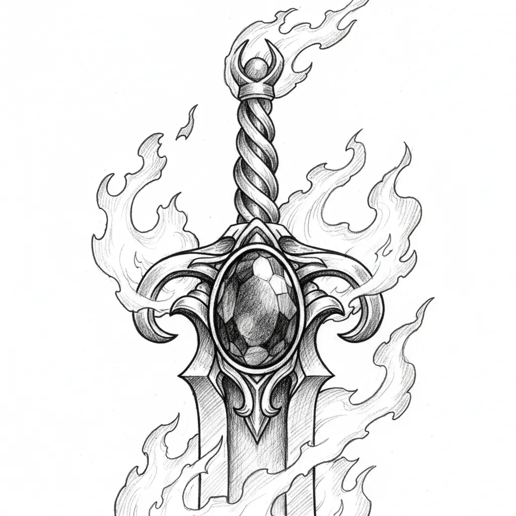 create a large, golden-hilted sword with a ruby the size of a chicken egg set into the hilt. It has spectral flames flickering around it. no additional background or noise.